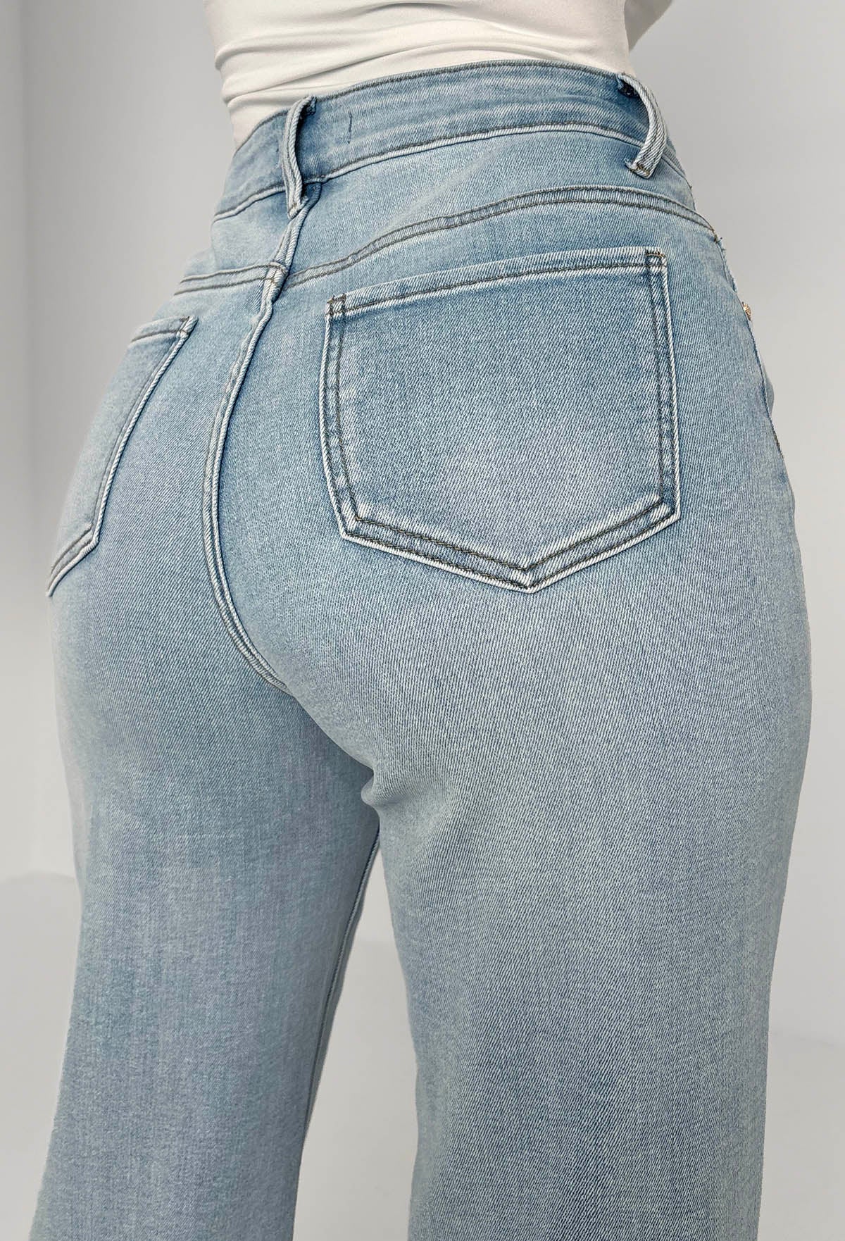 Escape In Denim Light Blue Stretch Distressed Straight Leg Jeans