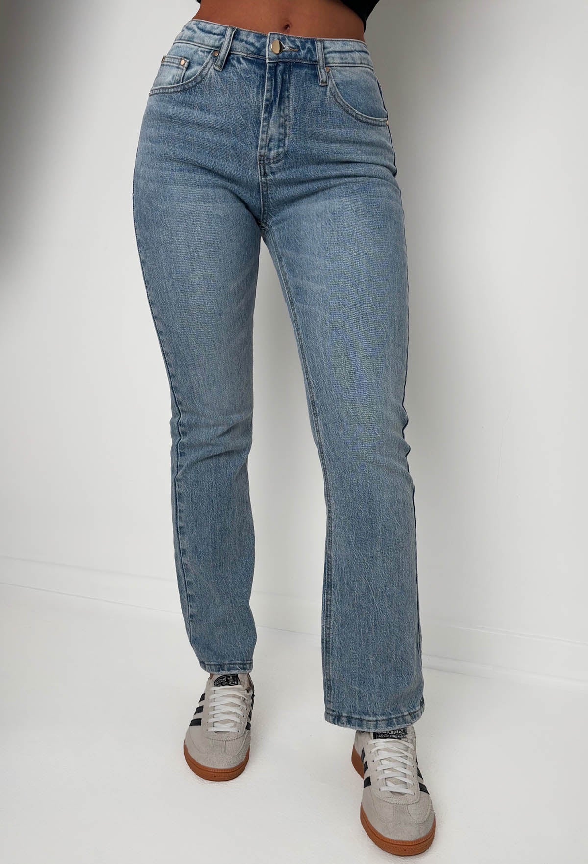 Essentially Yours Mid Wash Stretch Straight Fit, High Rise Jeans