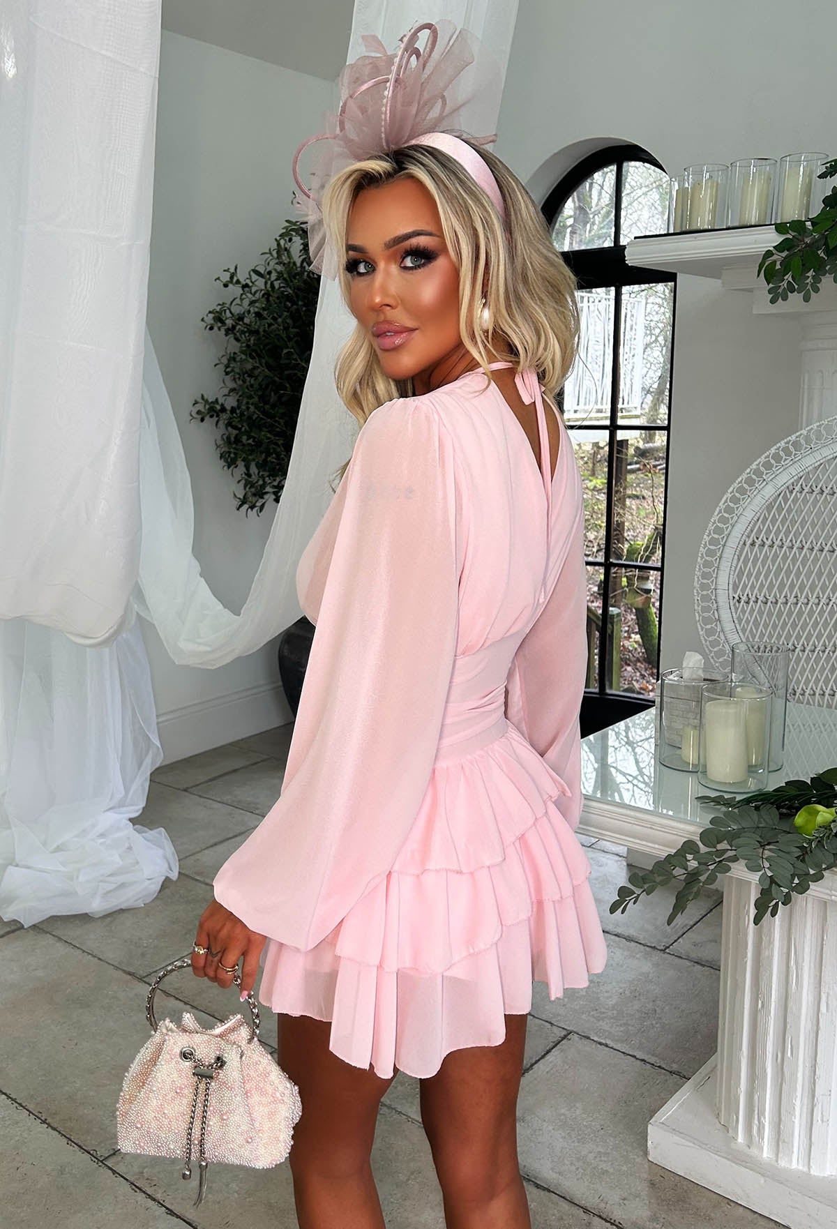 Eternal Grace Pink Long Sleeve Ruffle Mini Dress