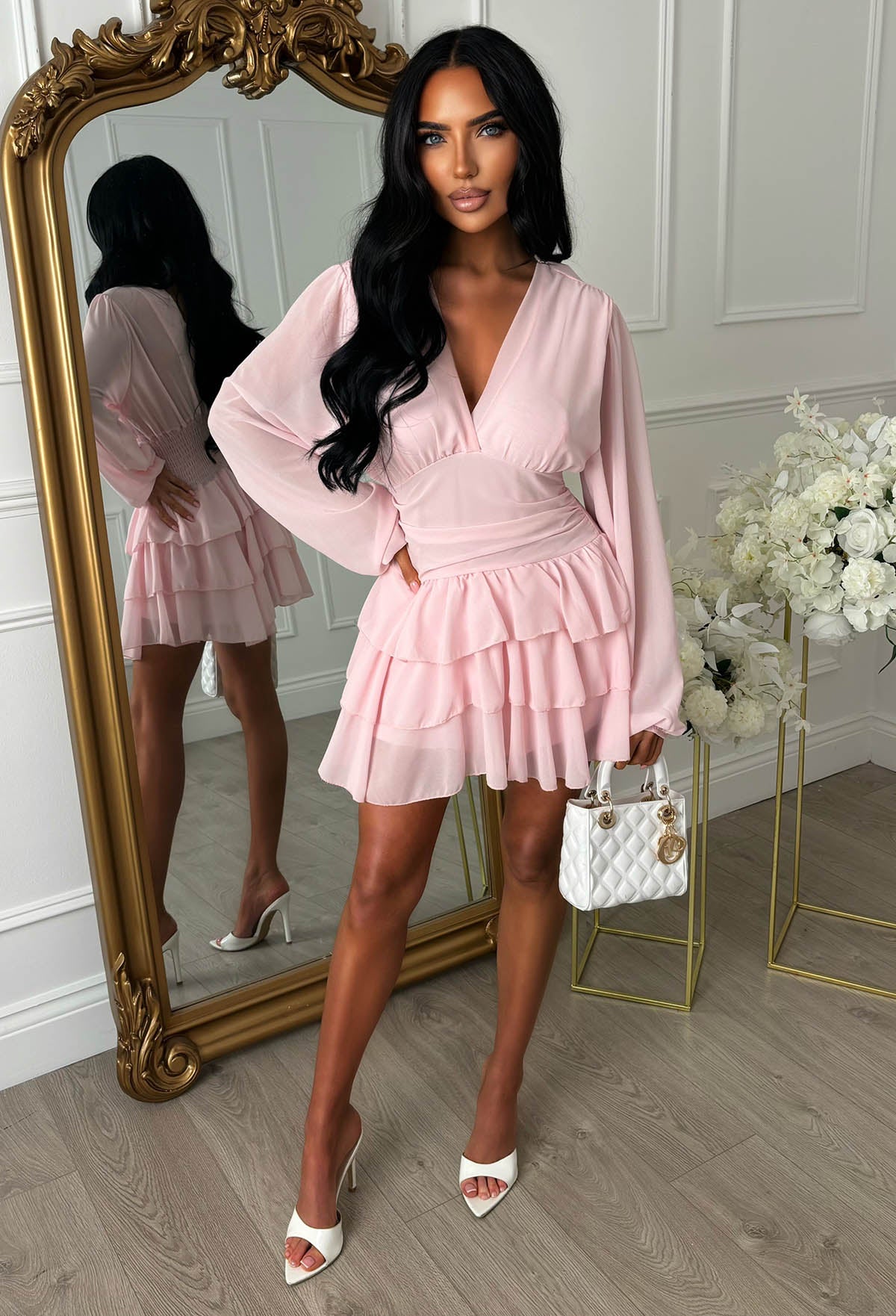 Eternal Grace Pink Long Sleeve Ruffle Mini Dress