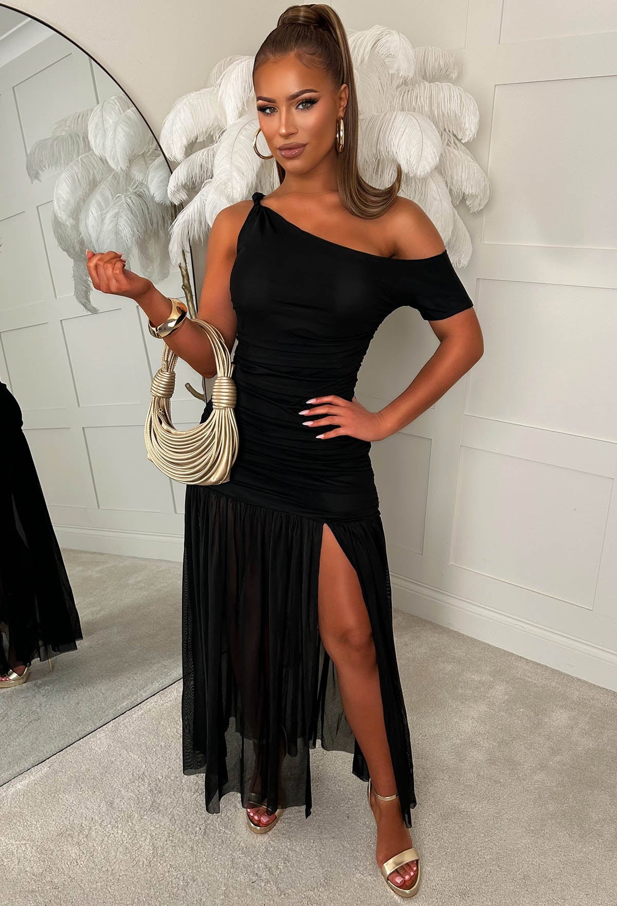 Eternal Romance Black Off The Shoulder Ruched Maxi Dress