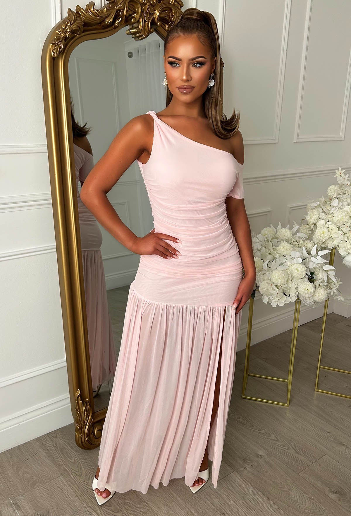 Eternal Romance Pink Off The Shoulder Ruched Maxi Dress