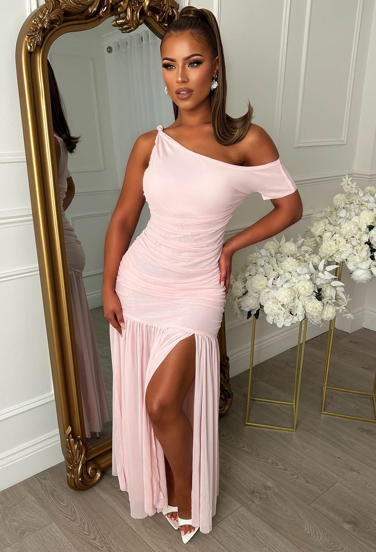 chinese dress ladies Pink Off The Shoulder Ruched Mesh Maxi Dress