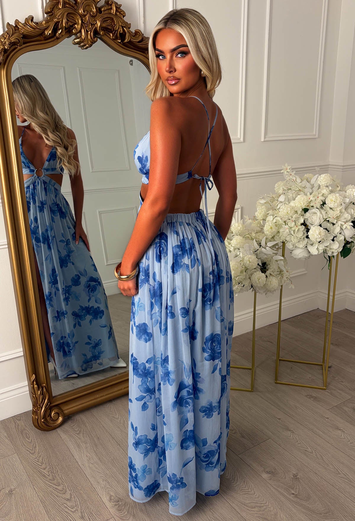 Blue Floral Print Cut Out Ring Detail Maxi Dress Full Length Back View