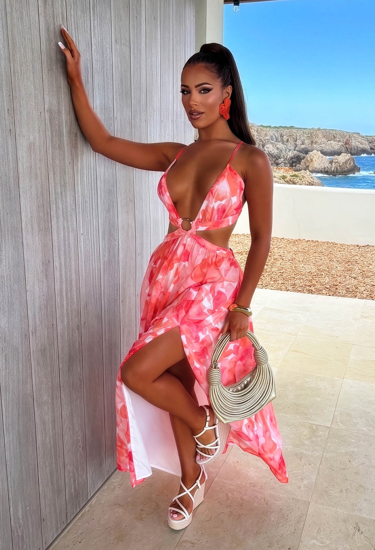 coral maxi dress uk Evening Aura Coral Cut Out Ring Front Maxi Dress