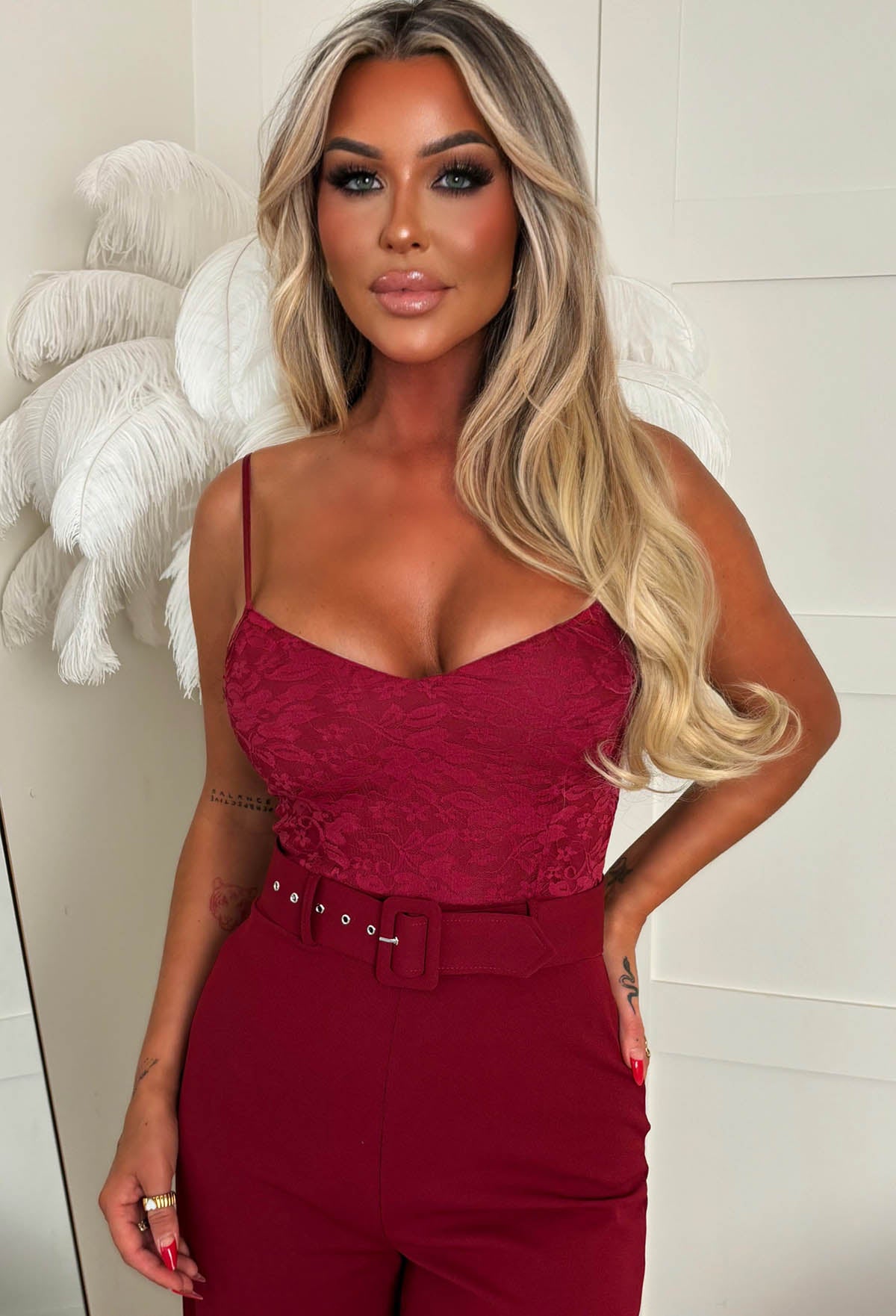 Evening Radiance Burgundy Lace Top Crepe Jumpsuit