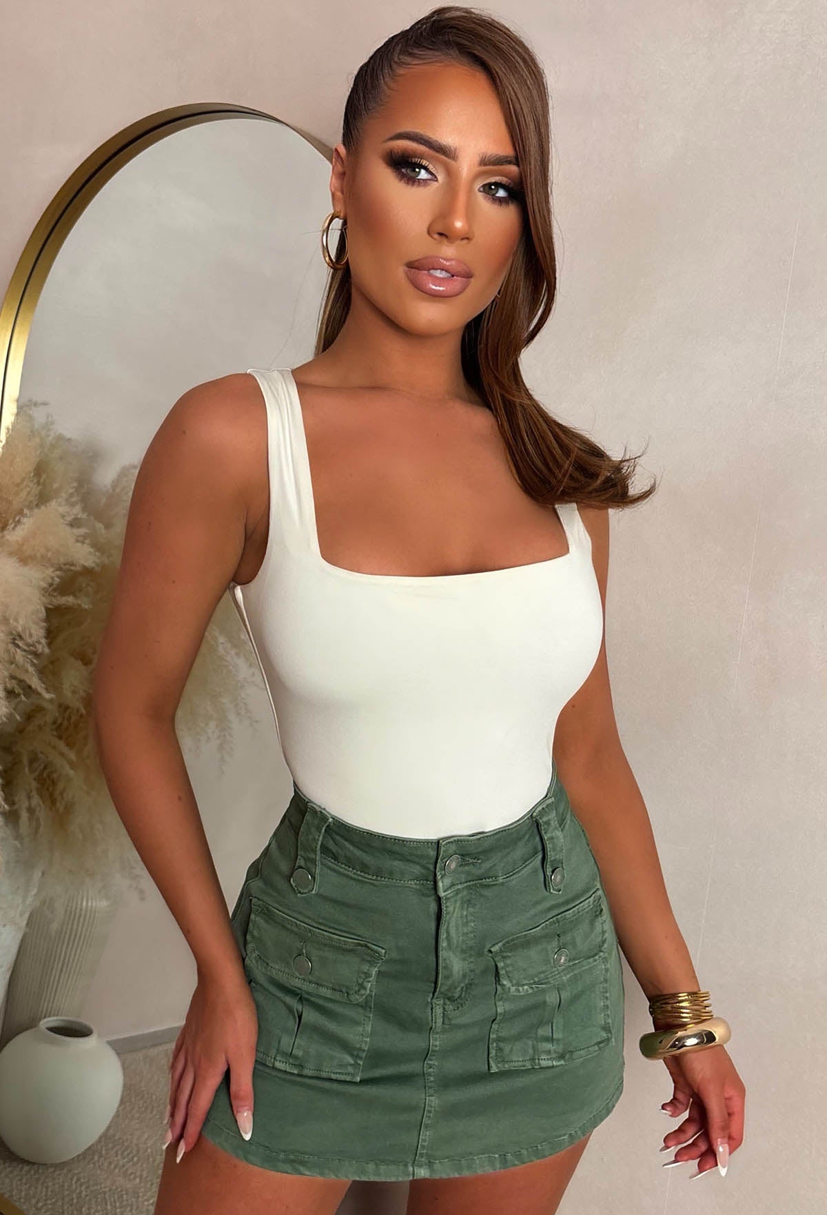 Everyday Glow Up Khaki Stretch Cargo Skort