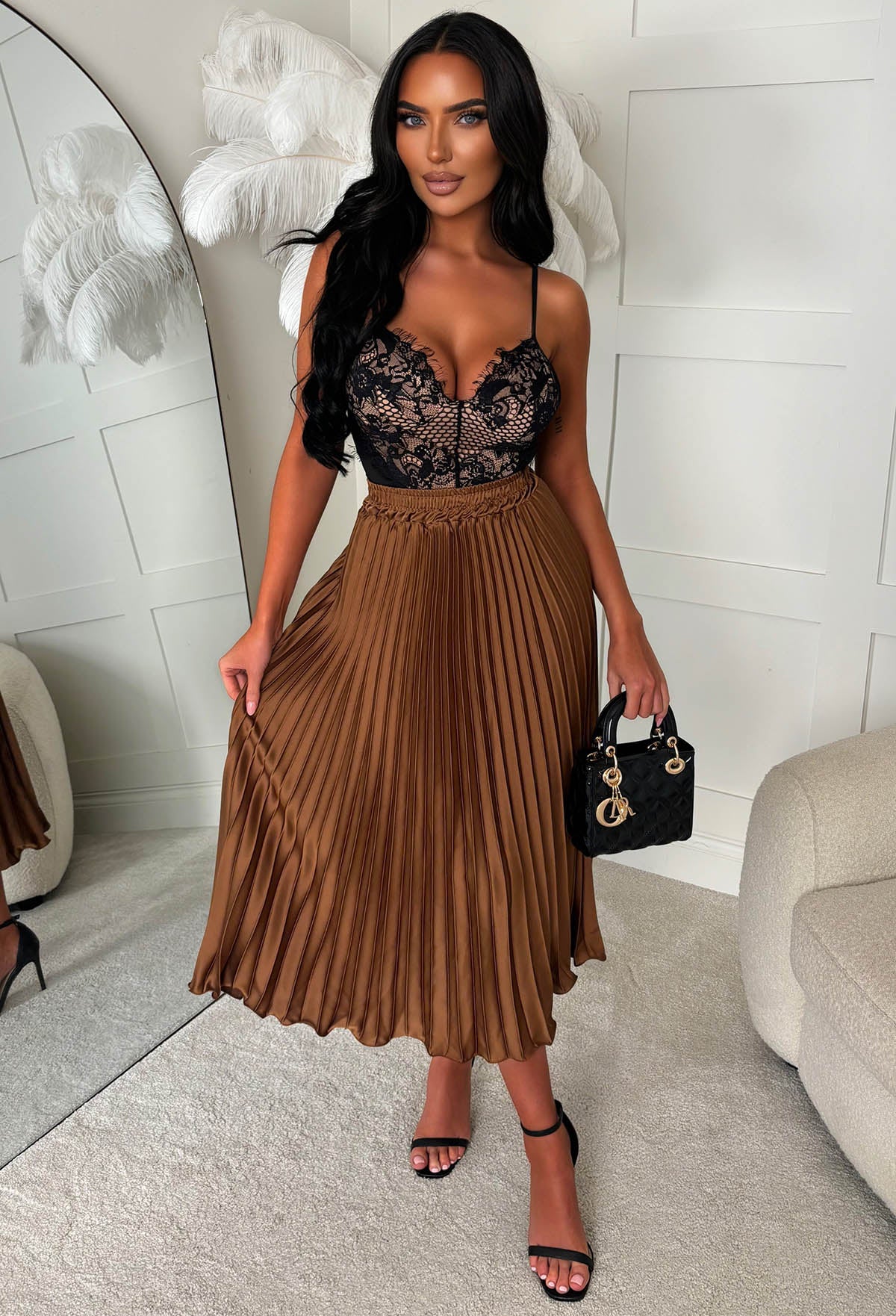 Everyday Goddess Brown Satin Stretch Pleated Skirt