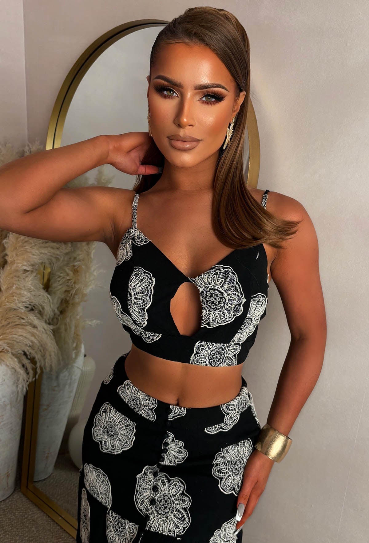 Exotic Evenings Black Embroidery Anglaise Maxi Skirt And Crop Top Co-Ord