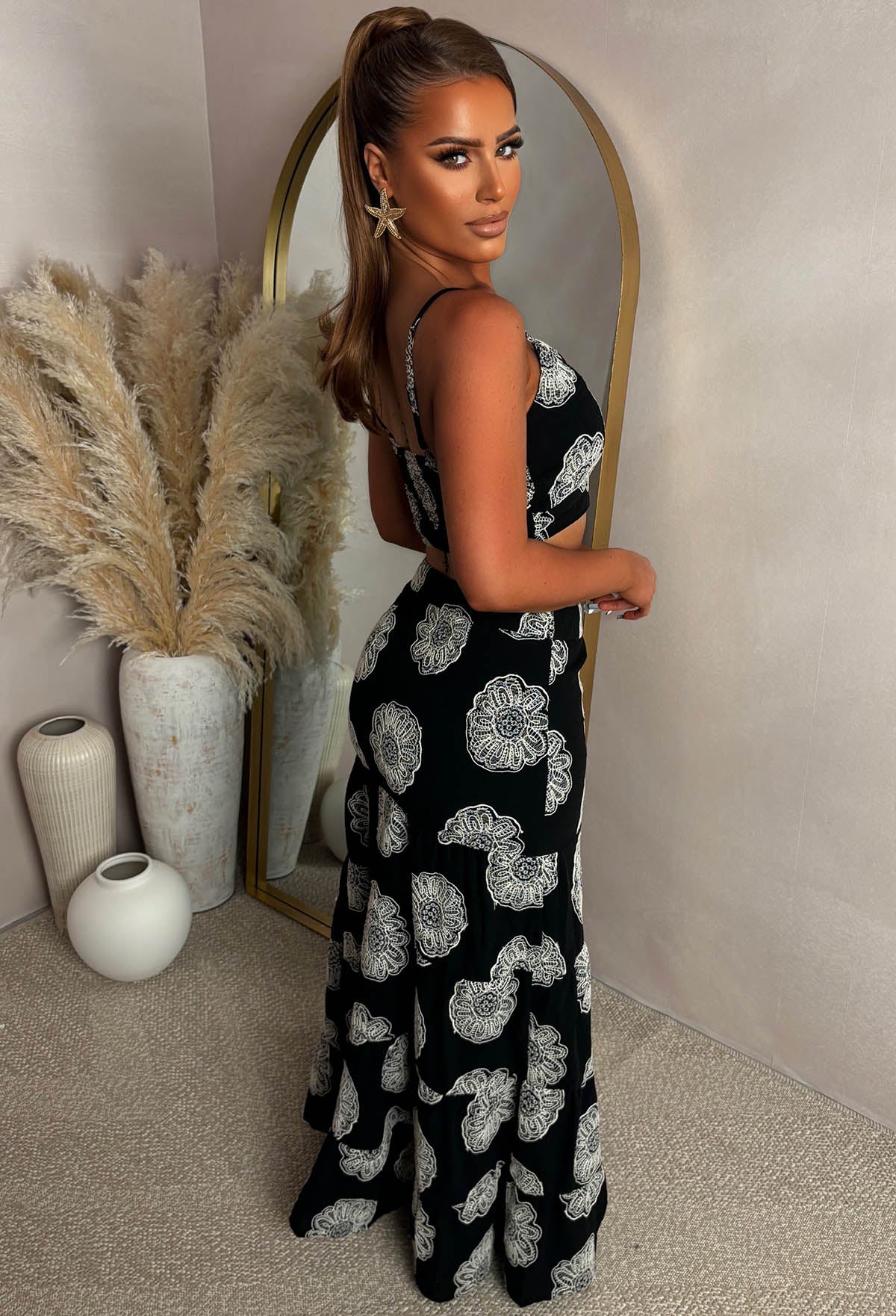 Exotic Evenings Black Embroidery Anglaise Maxi Skirt And Crop Top Co-Ord