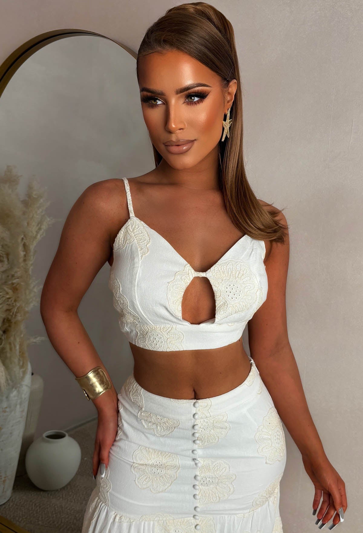 Exotic Evenings Cream Embroidery Anglaise Maxi Skirt And Crop Top Co-Ord