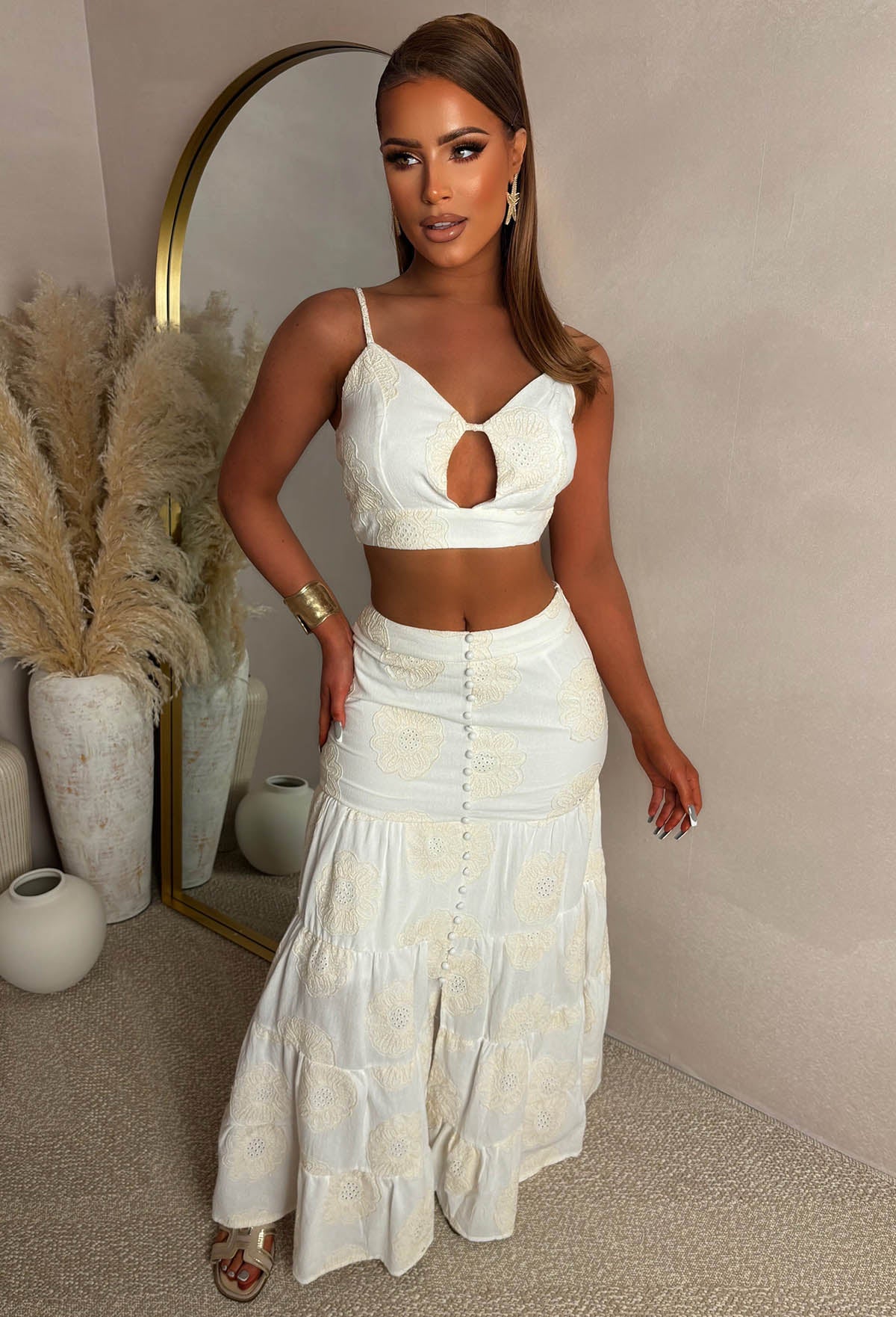 Exotic Evenings Cream Embroidery Anglaise Maxi Skirt And Crop Top Co-Ord