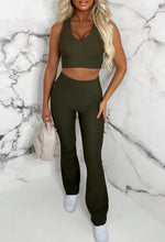 Yoga Chic Khaki Bodysculpt Ribbed Cropped Top And Flared Trouser Set