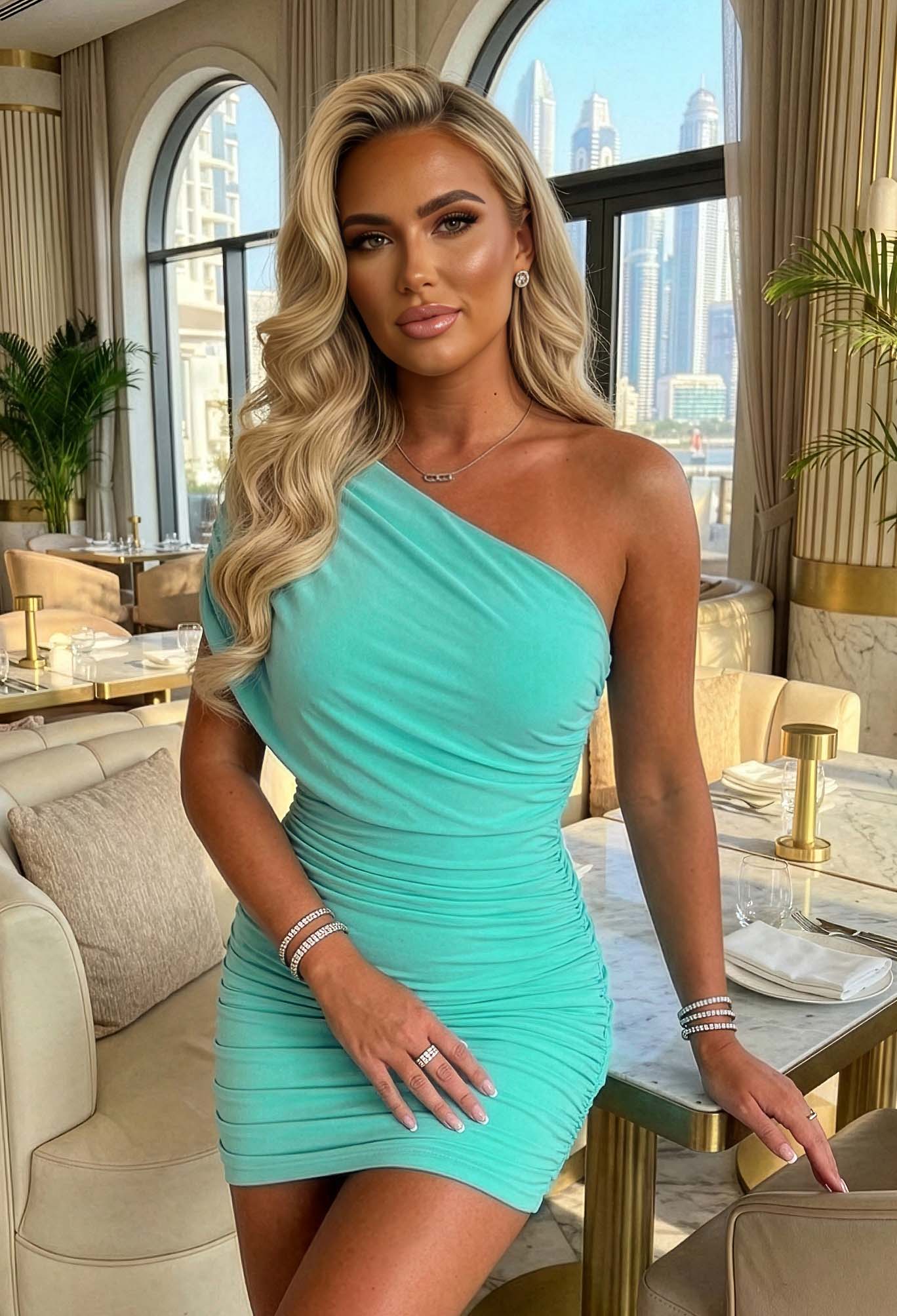 Fallen Angel Aqua Asymmetric Ruched Mini Dress