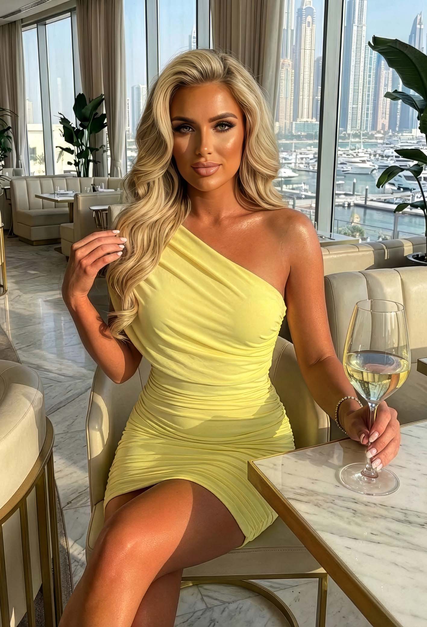 Fallen Angel Lemon Asymmetric Ruched Mini Dress