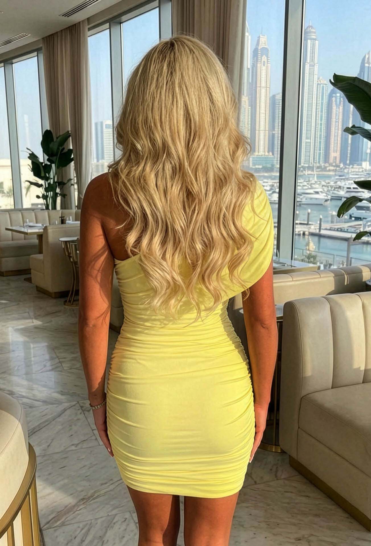 Fallen Angel Lemon Asymmetric Ruched Mini Dress