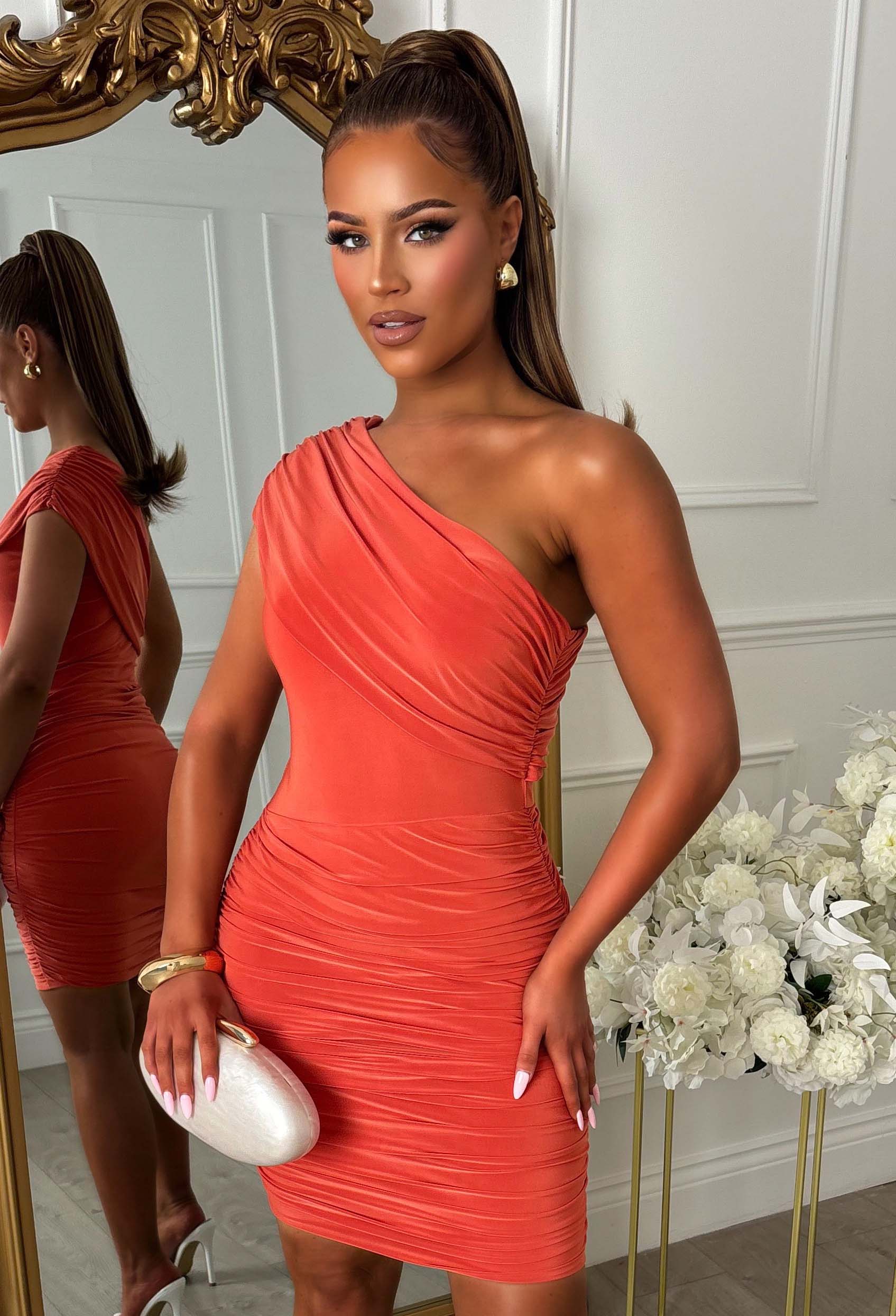 strapless open back dress Fallen Angel Orange Asymmetric Ruched Mini Dress