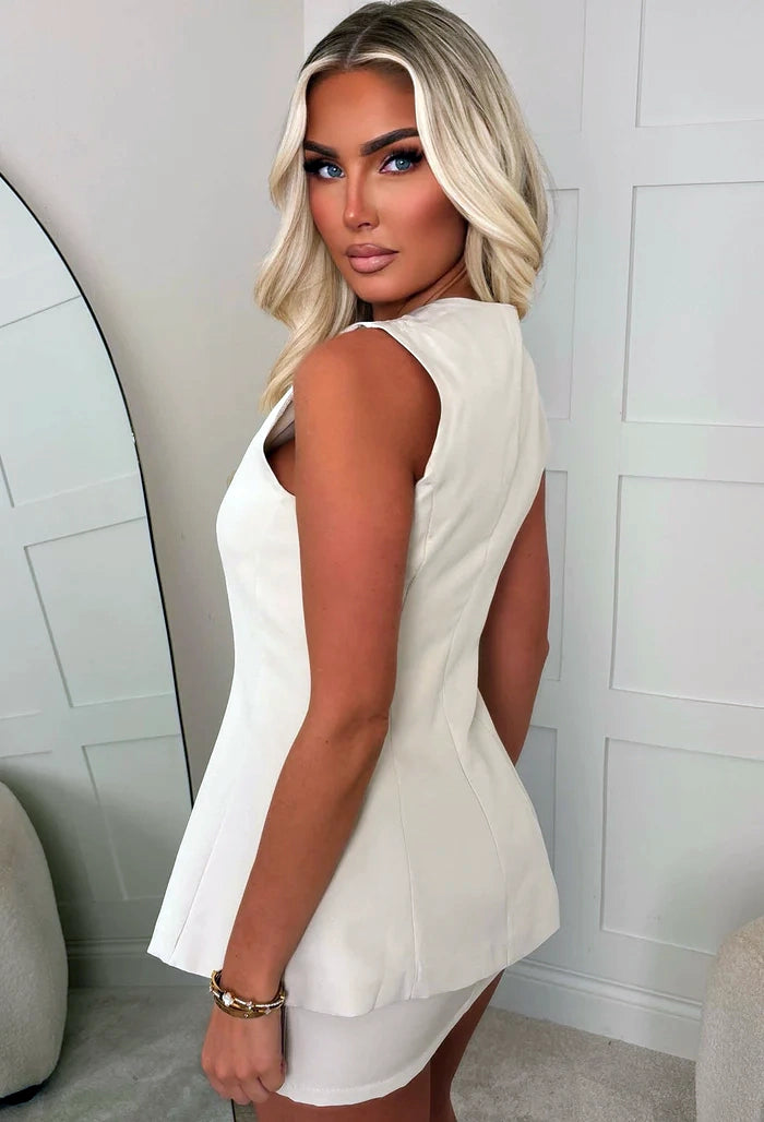 Fantasy Gal Beige Tailored Waistcoat Mini Skirt Co-ord Set