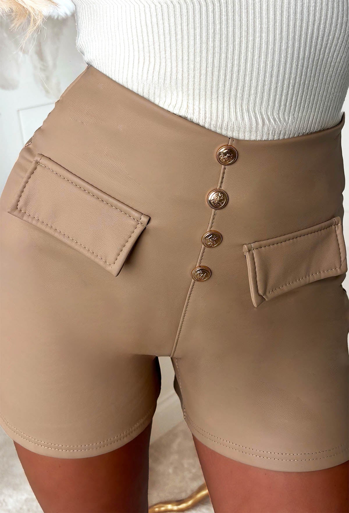 Fastened Up Natural Faux Leather Button Front Shorts