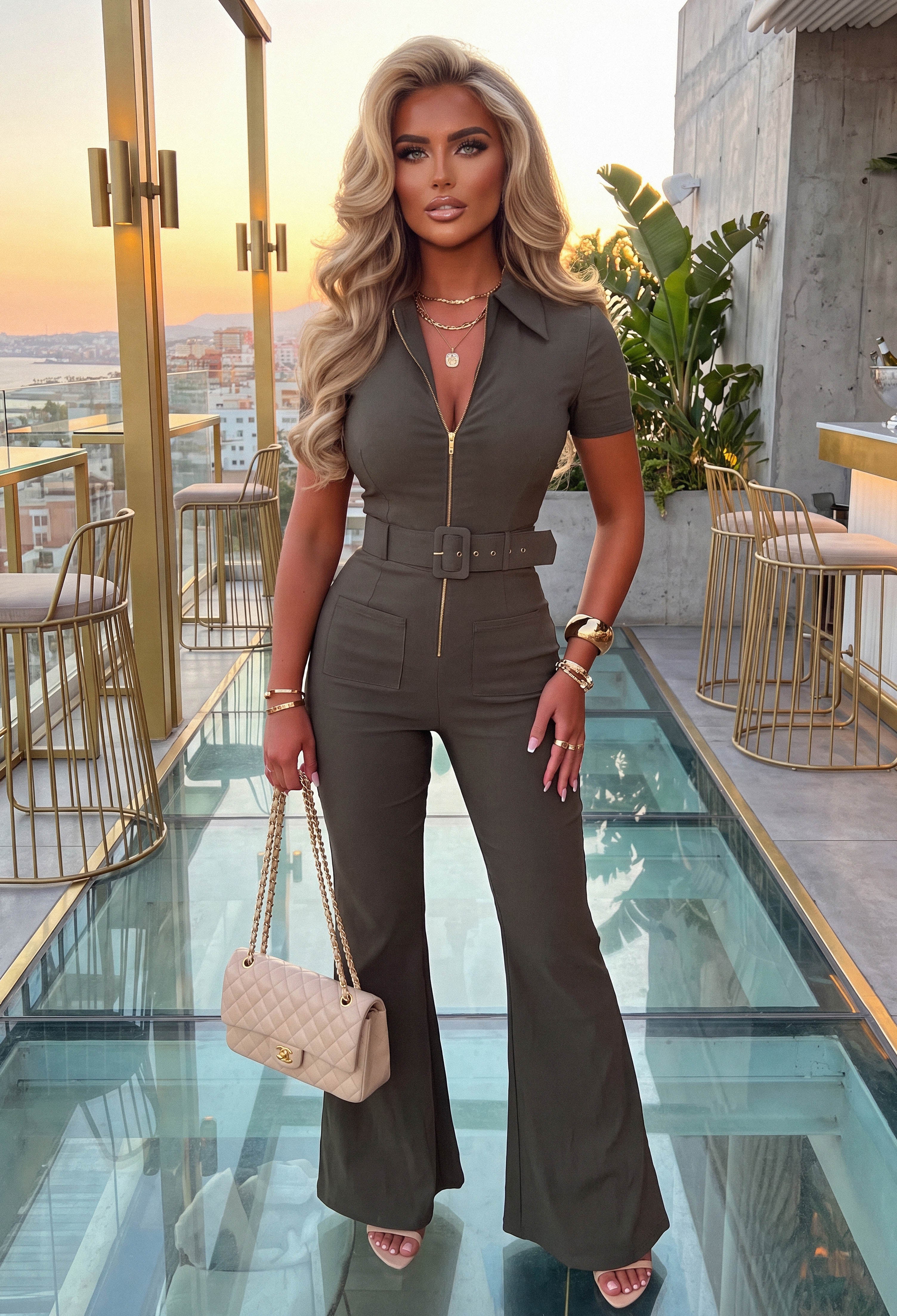Khaki Zip Front Short Sleeve Jumpsuit