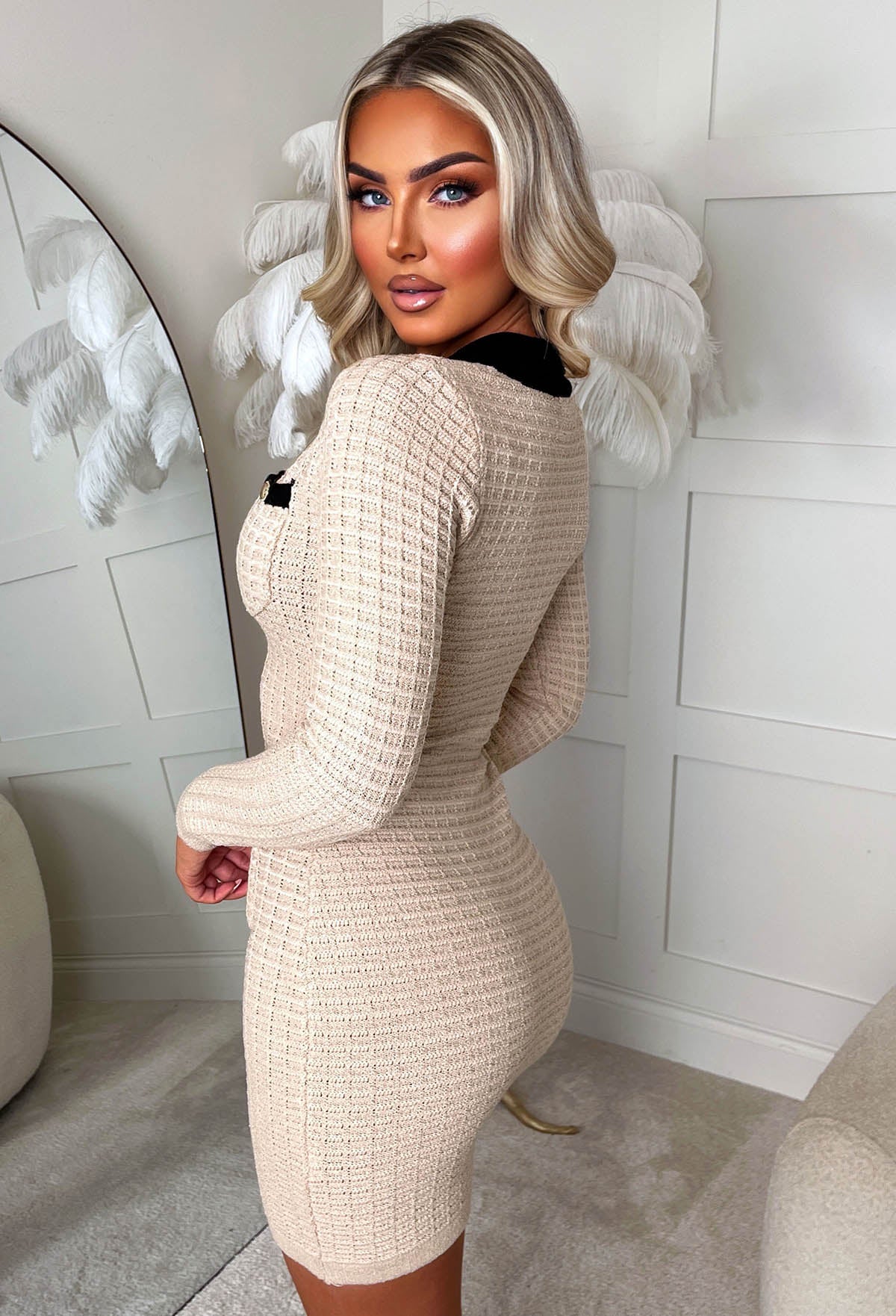 Fearless Forever Beige Knitted Contrast Trim Dress