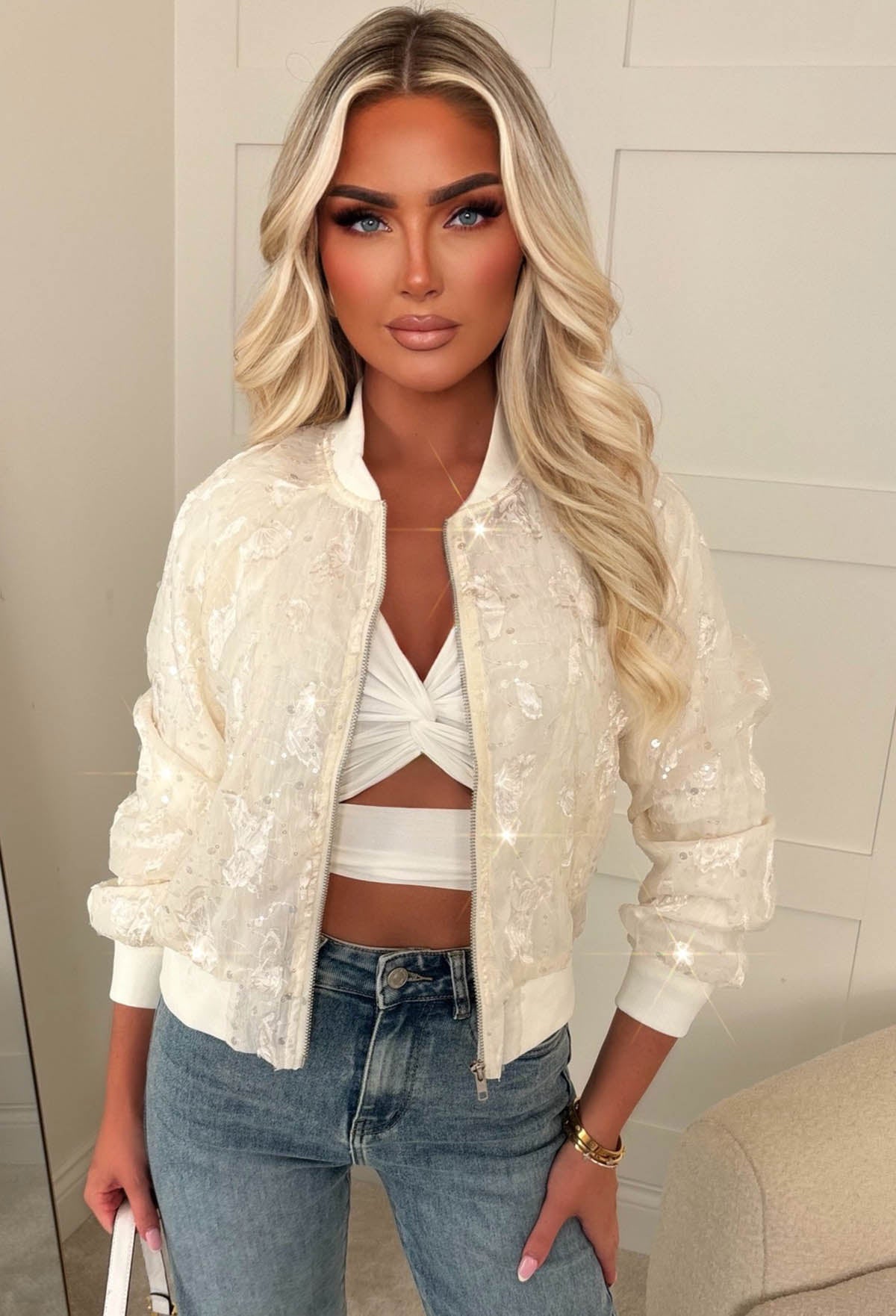 Feeling Lacey Cream Lace Sequin Bomber Jacket