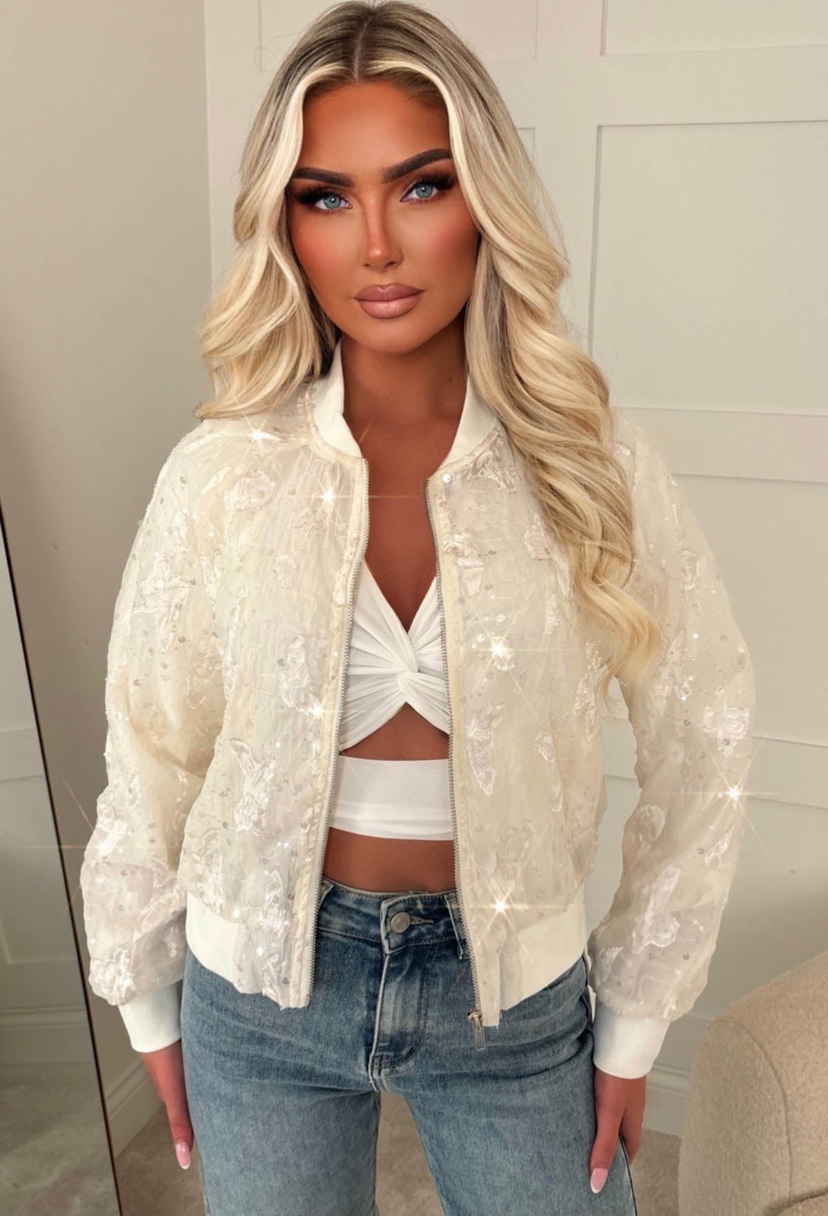 Feeling Lacey Cream Lace Sequin Bomber Jacket