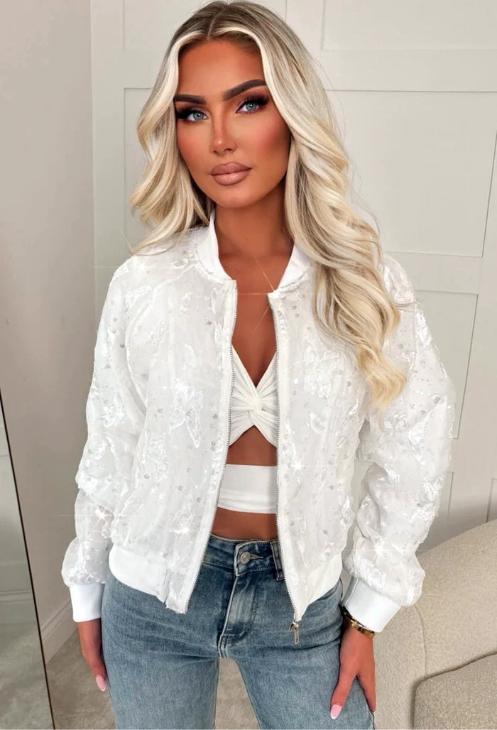 Feeling Lacey White Lace Sequin Bomber Jacket