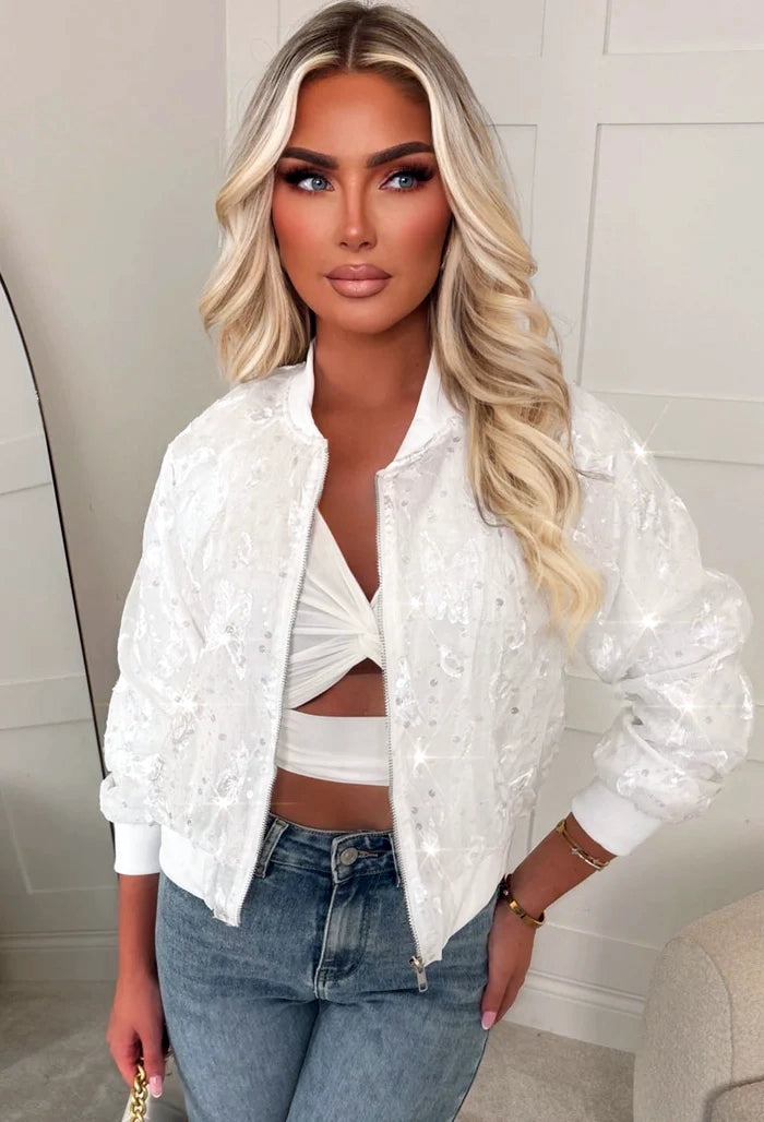 Feeling Lacey White Lace Sequin Bomber Jacket