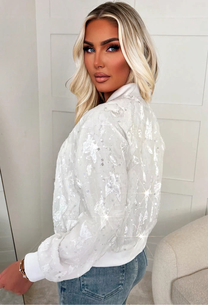 Feeling Lacey White Lace Sequin Bomber Jacket