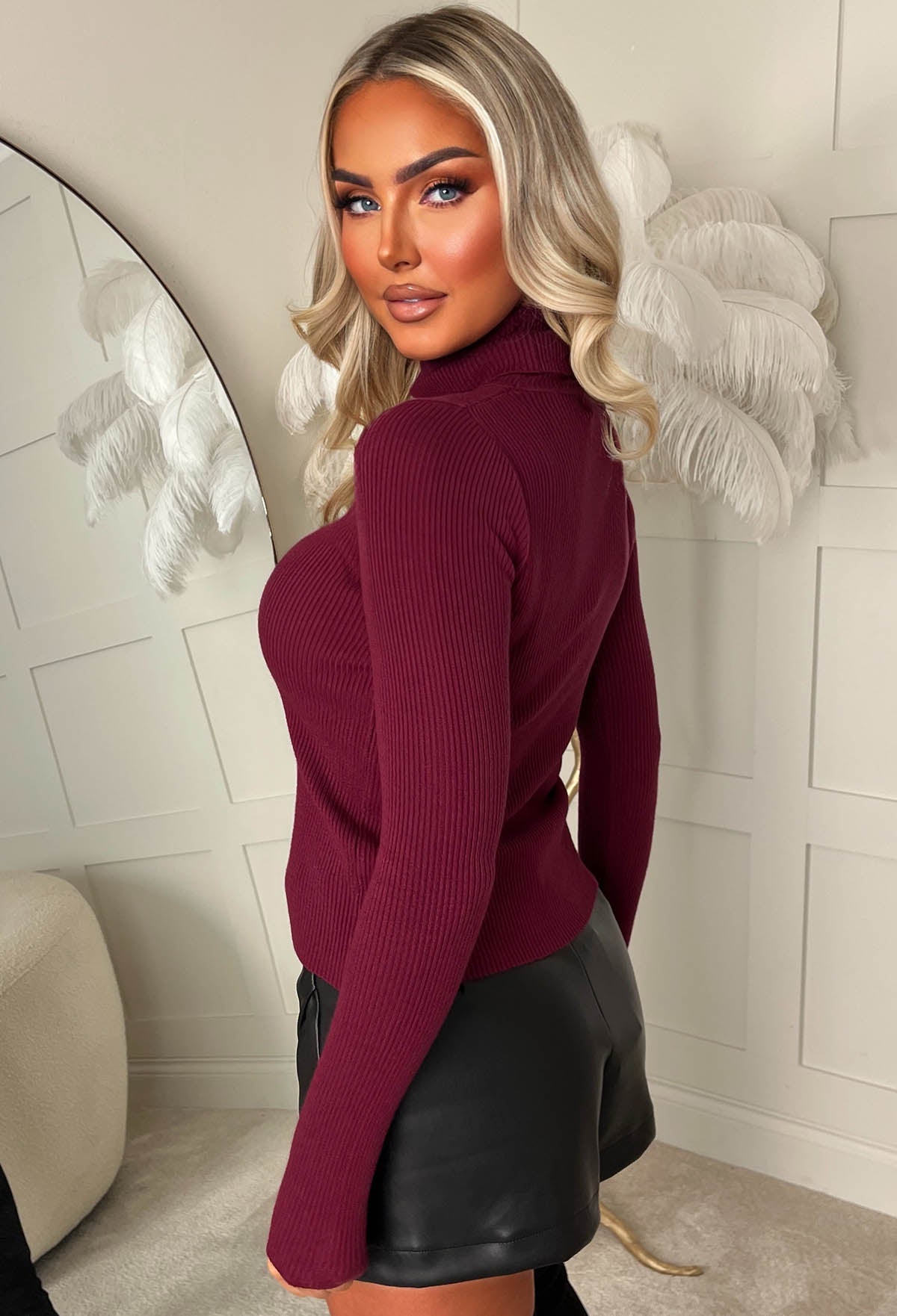 Feels Like Forever Wine Ultra Soft Rib Knit Roll Neck Jumper