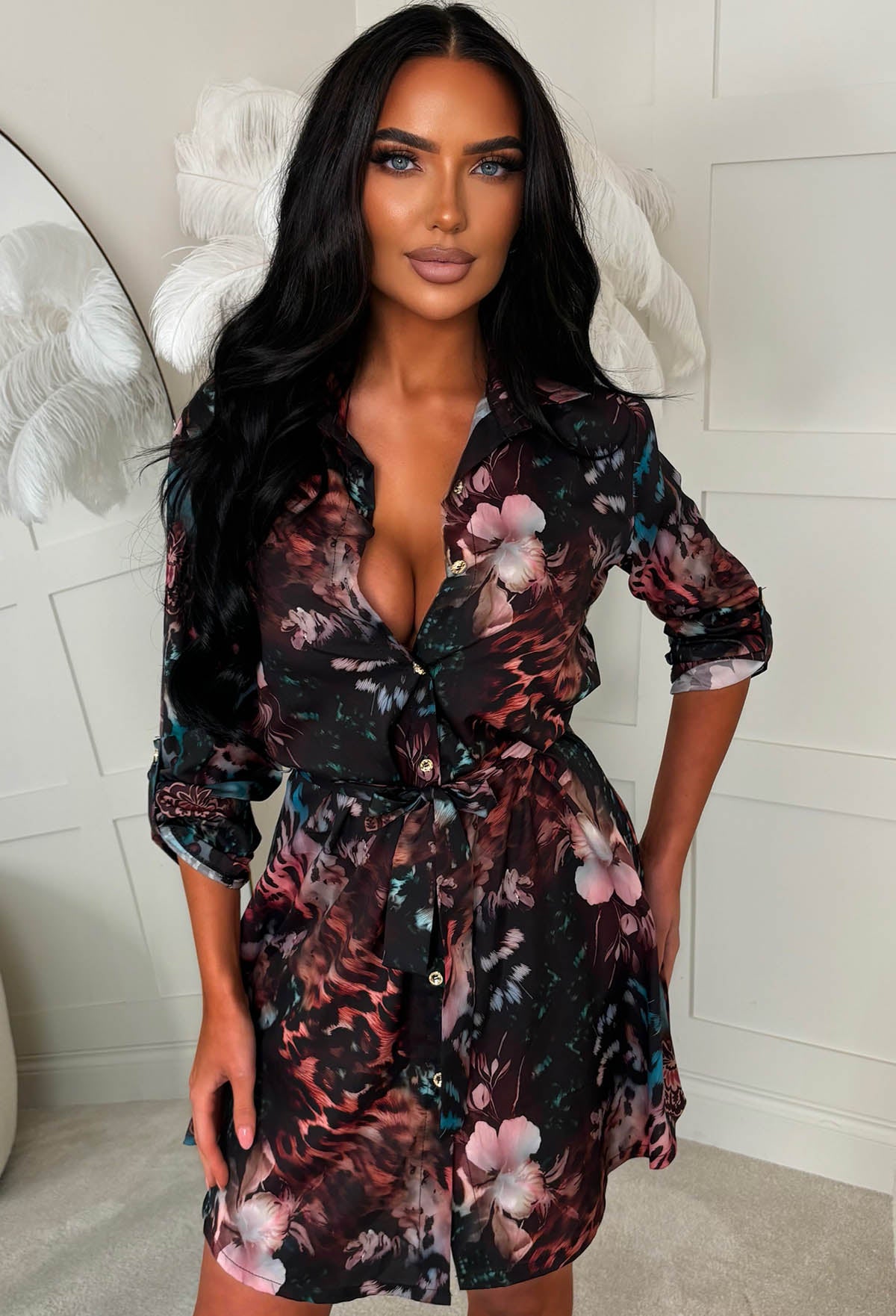 Feline Flirty Multi Floral Mixed Animal Print Shirt Dress