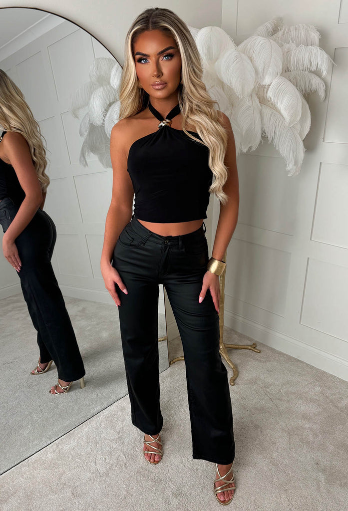 Printed Halter Neck Crop Top With Gold Accessory Detail