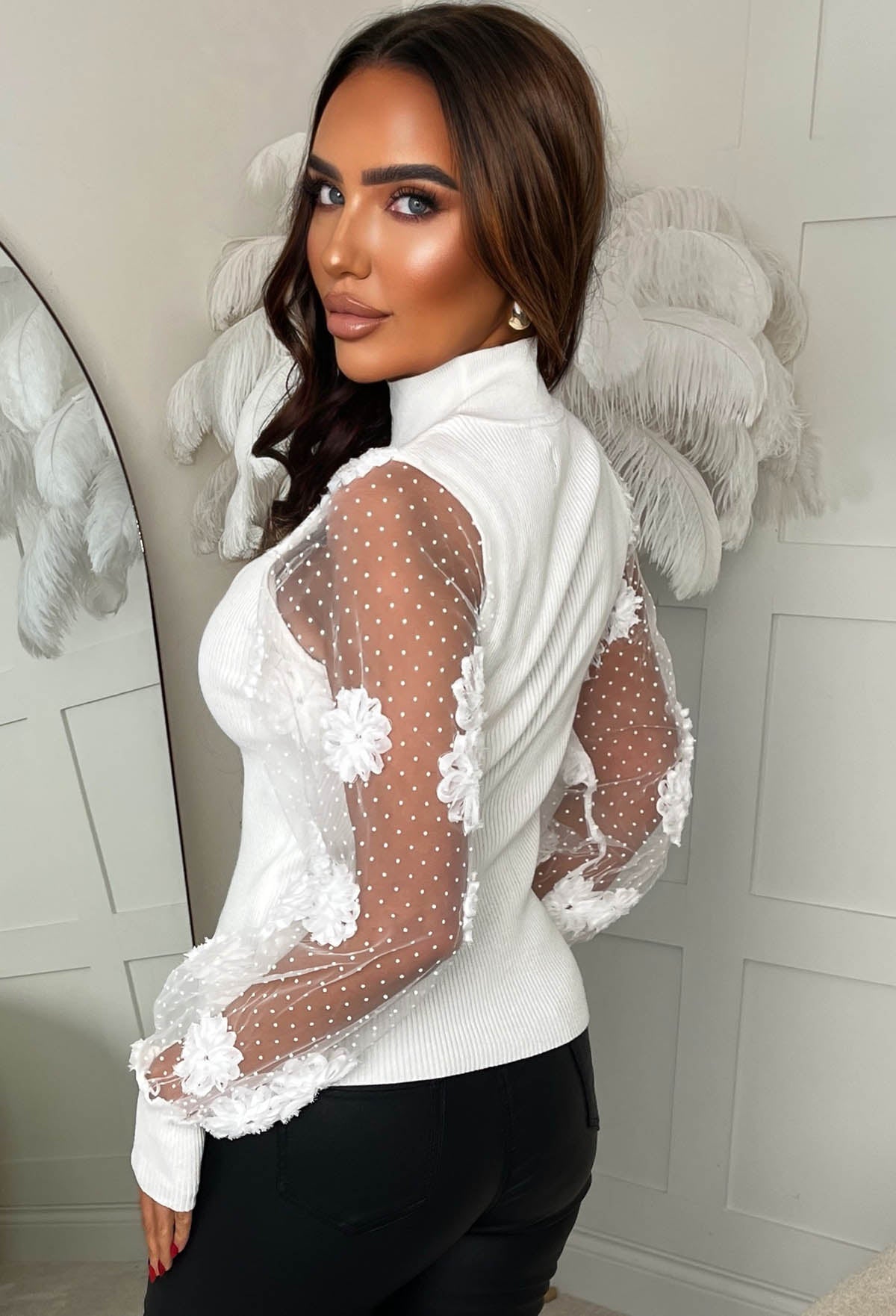 Femme Mood White Knitted Jumper With Flower Mesh Sleeves