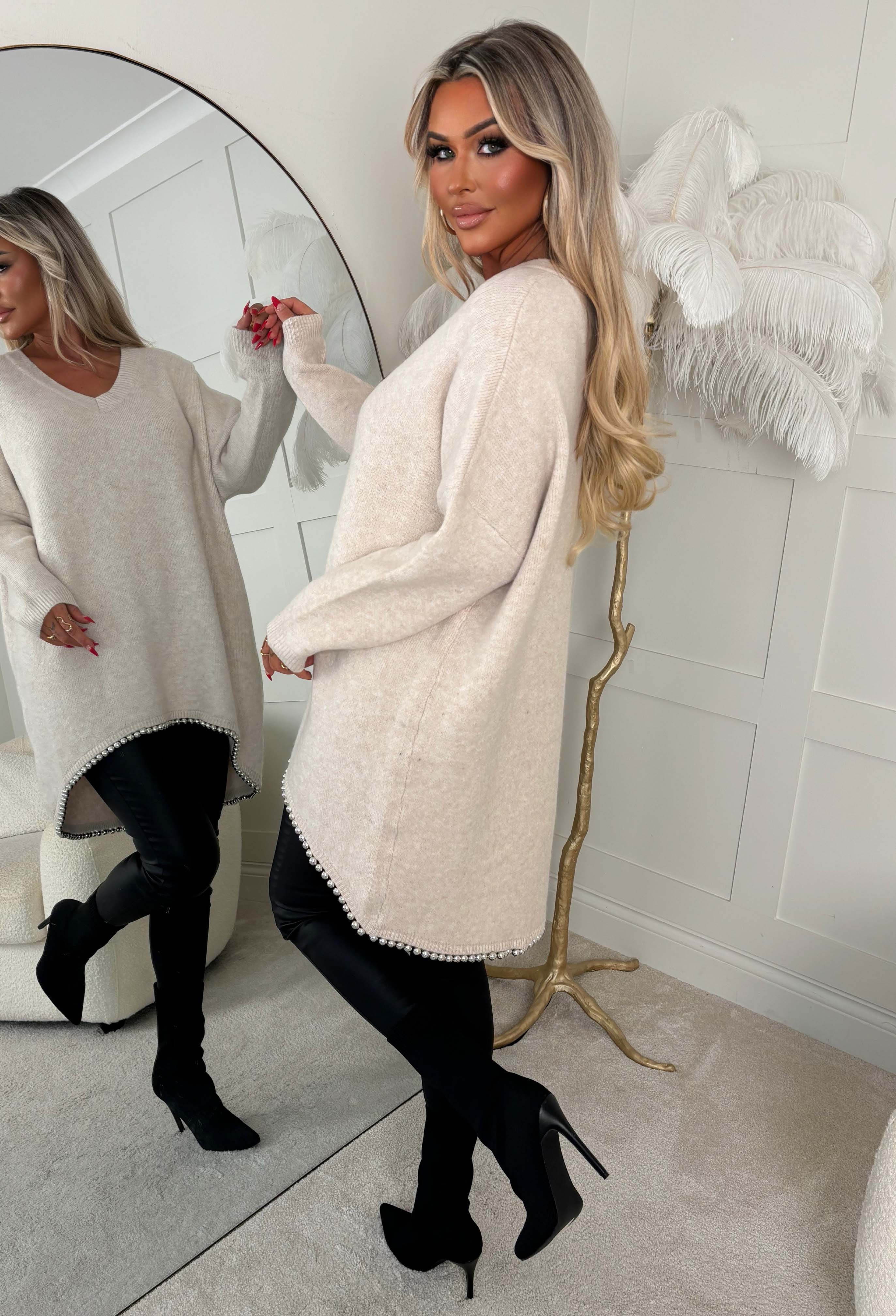 Cosy & Fierce Beige Batwing Beaded Trim Detail Jumper