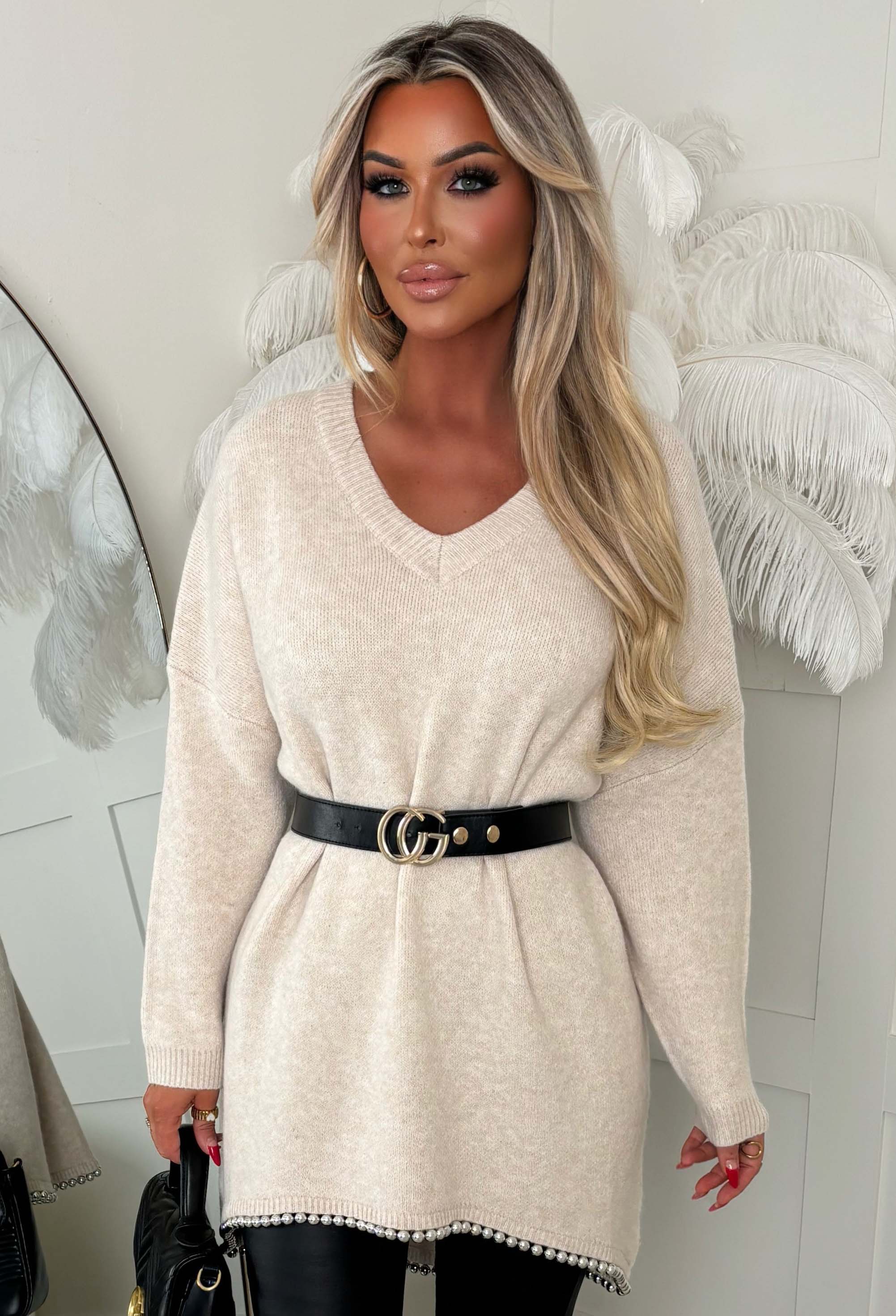 Cosy & Fierce Beige Batwing Beaded Trim Detail Jumper