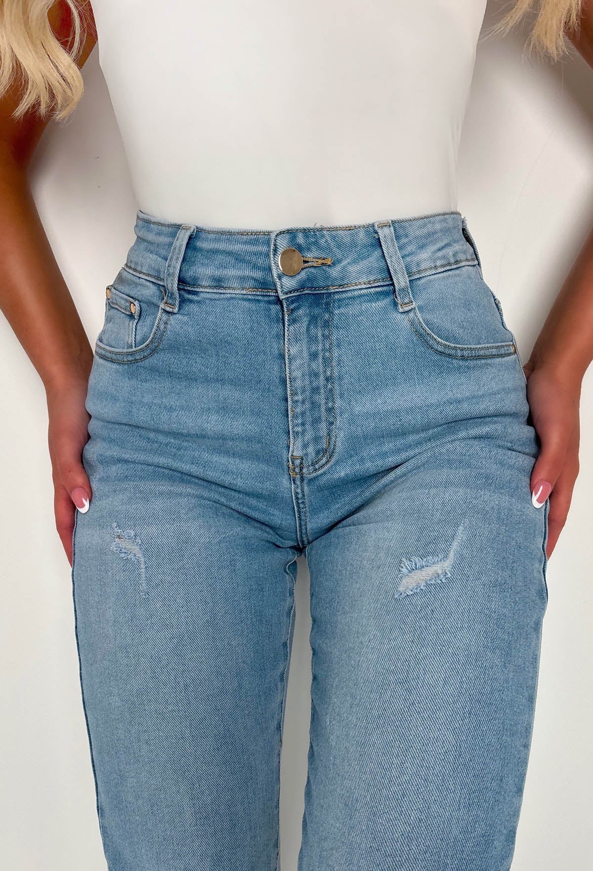 Fierce Forever Mid Blue Stretch Distressed Turn Up Mom Jeans