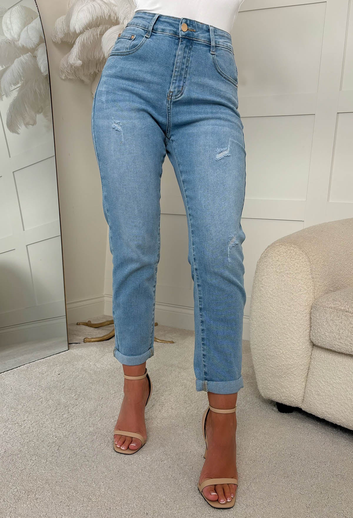 Fierce Forever Mid Blue Stretch Distressed Turn Up Mom Jeans