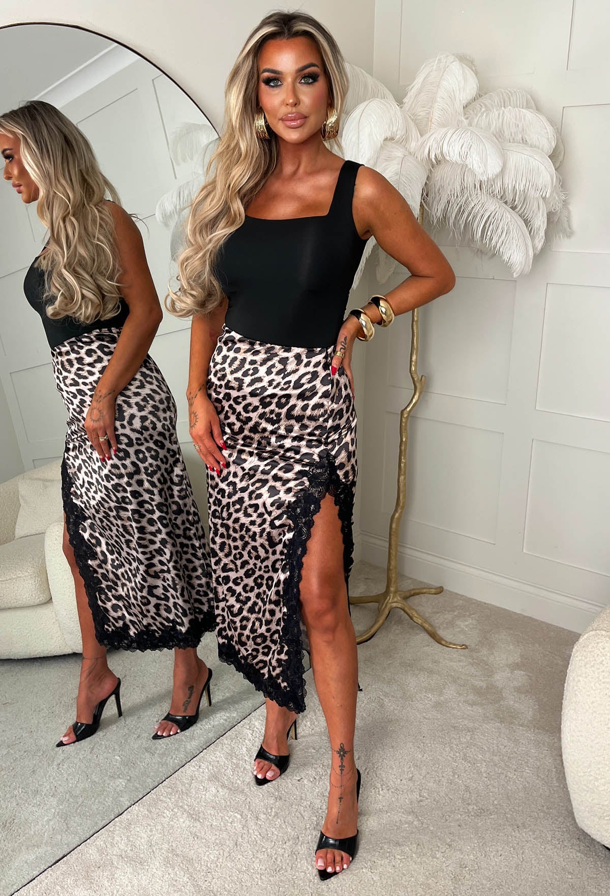 Fiercely Adored Leopard Printed Satin Lace Trim Side Slit Midi Skirt