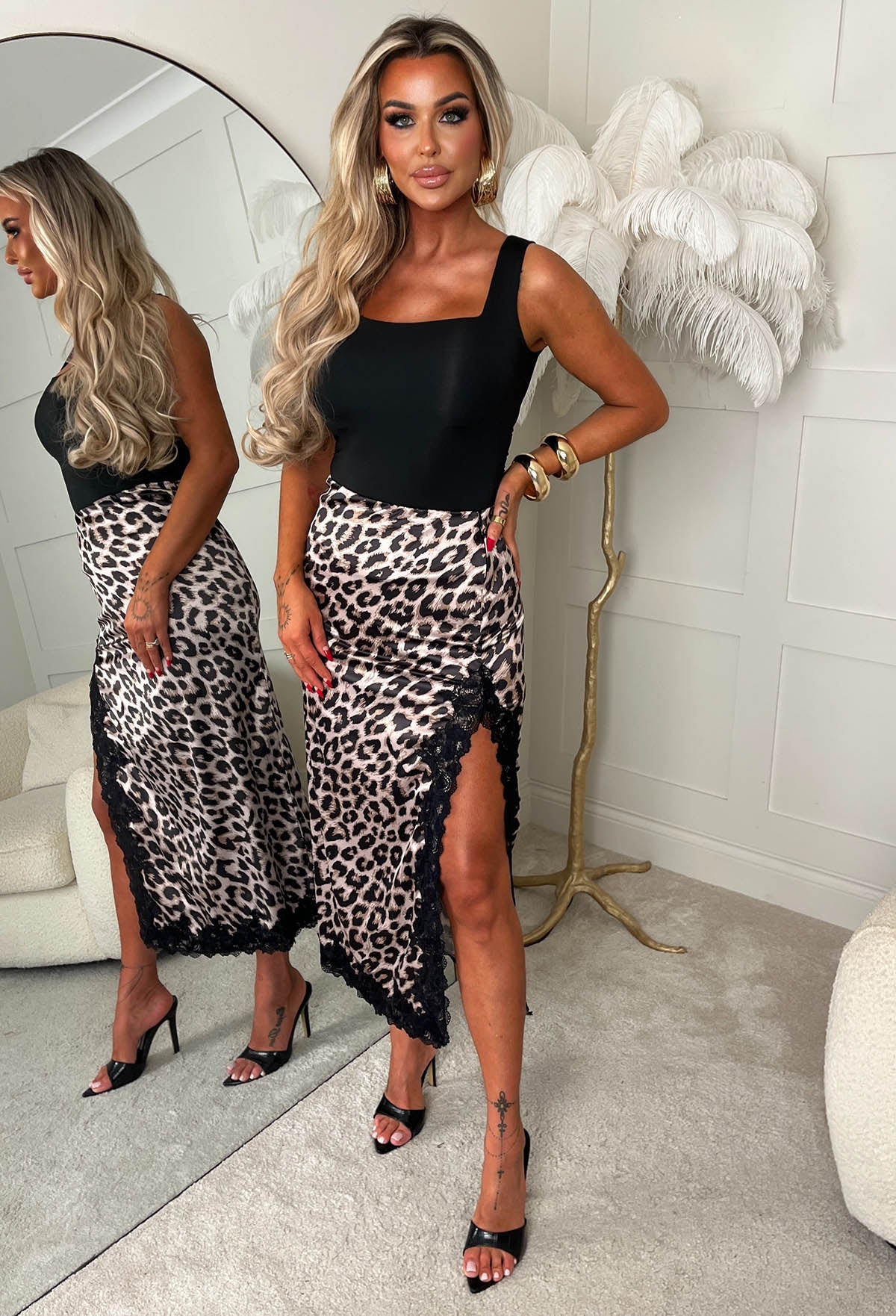 Red Leopard Printed Satin Skirt
