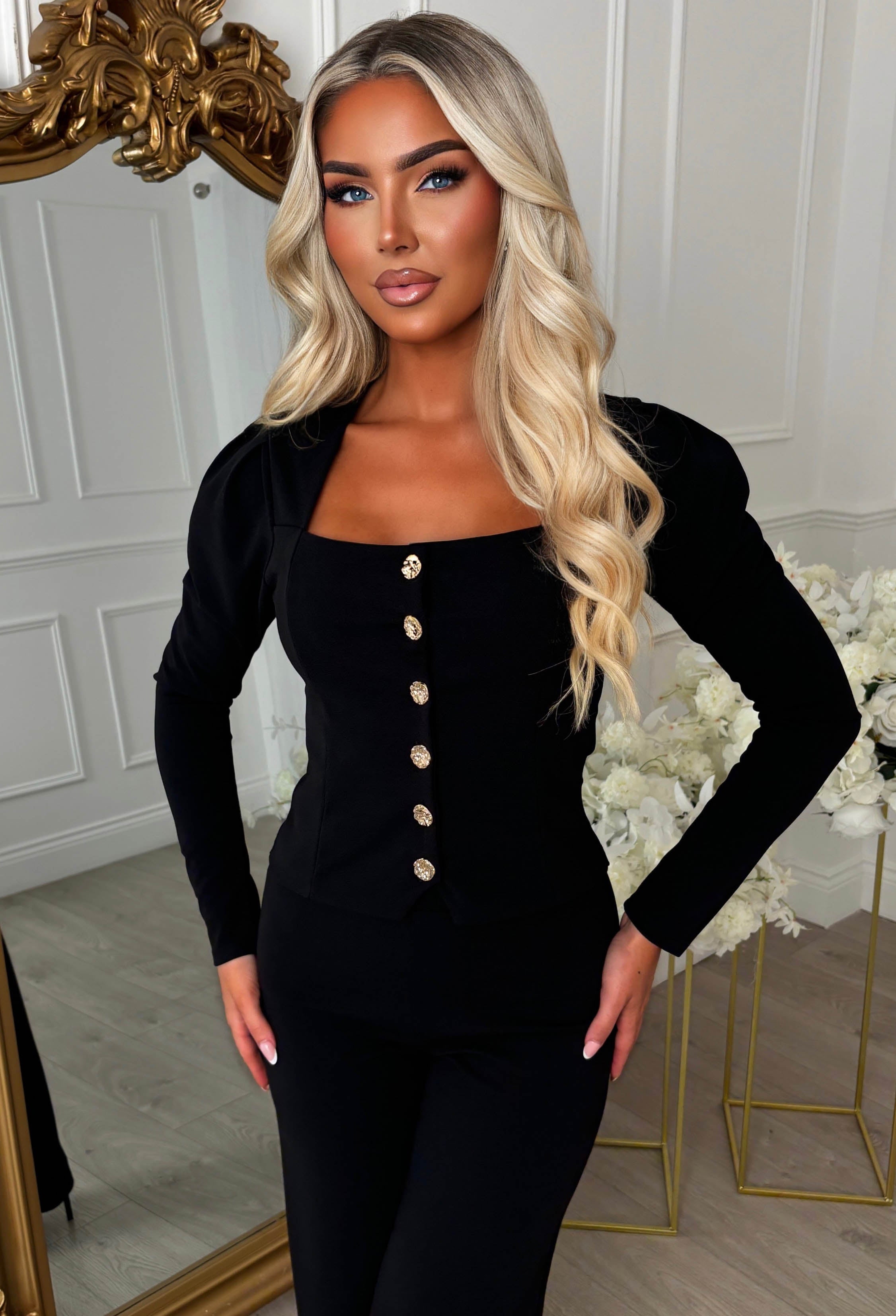 Black Gold Button Detail Scuba Top