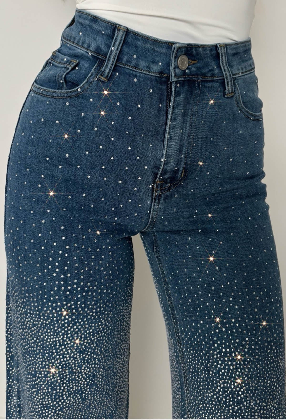 Fixed On You Mid Blue Hot Fix Stretch Wide Leg Jeans