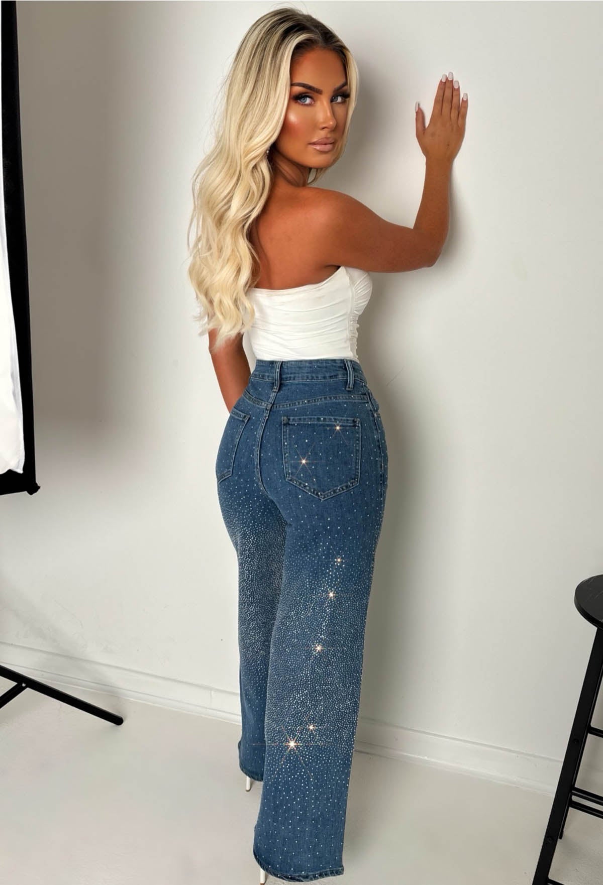 Fixed On You Mid Blue Hot Fix Stretch Wide Leg Jeans