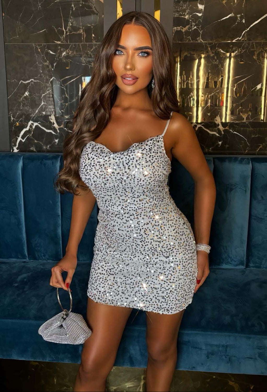 Flash Forward Silver Sequin Cowl Neck Cami Dress