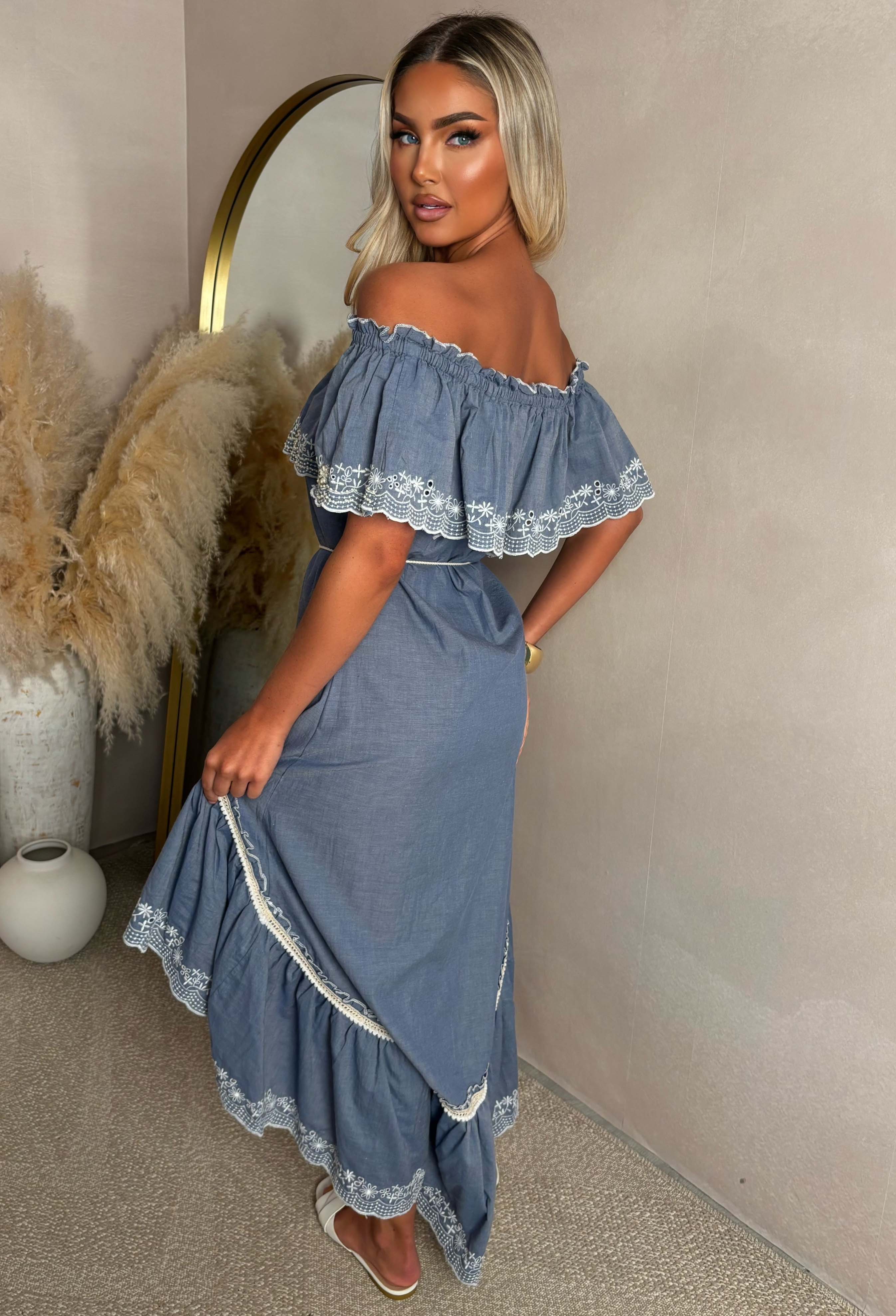 Flirt And Frill Blue Bardot Boho Lace Trim Chambray Dress