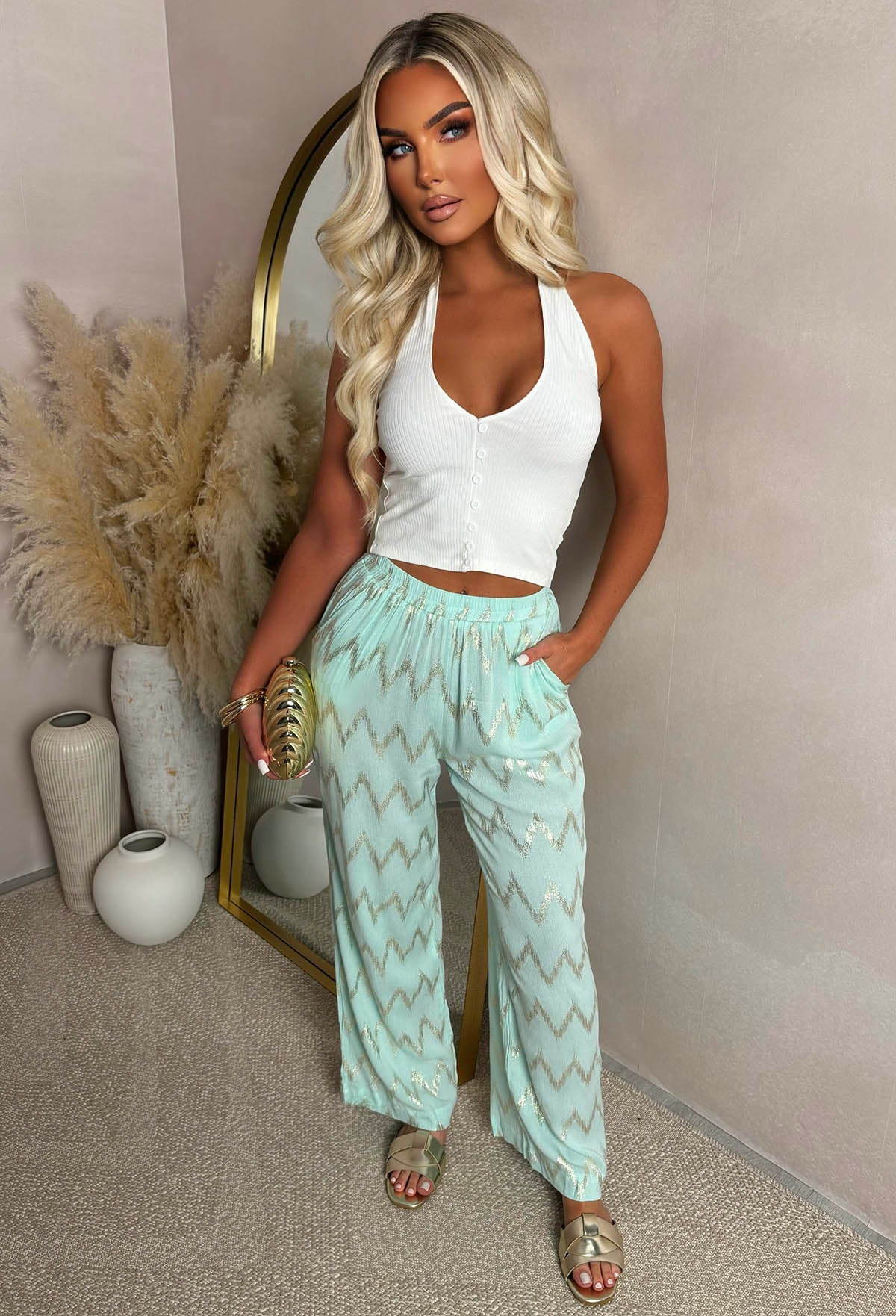 Flirt Factor Teal Gold Foil Zig Zag Straight Leg Stretch Trousers