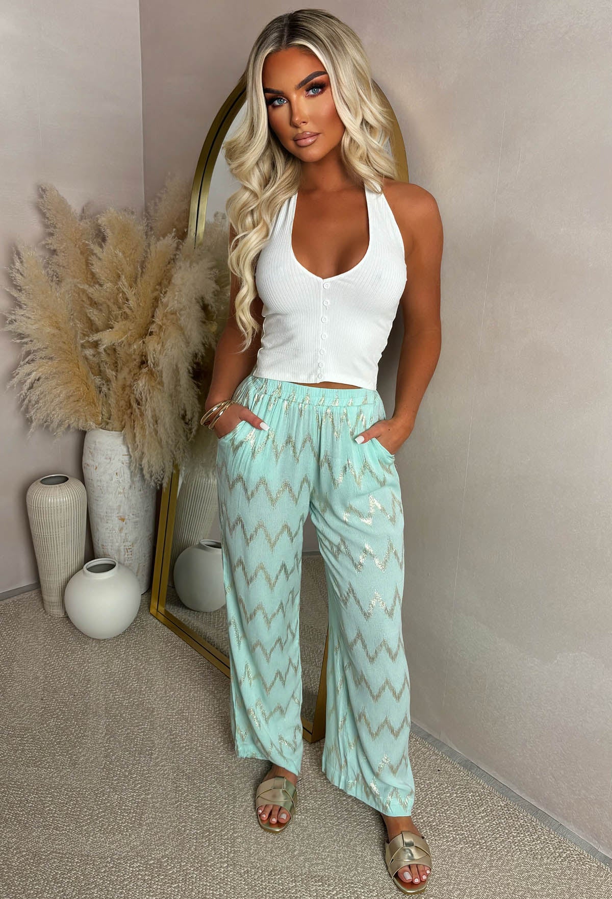 Flirt Factor Teal Gold Foil Zig Zag Straight Leg Stretch Trousers