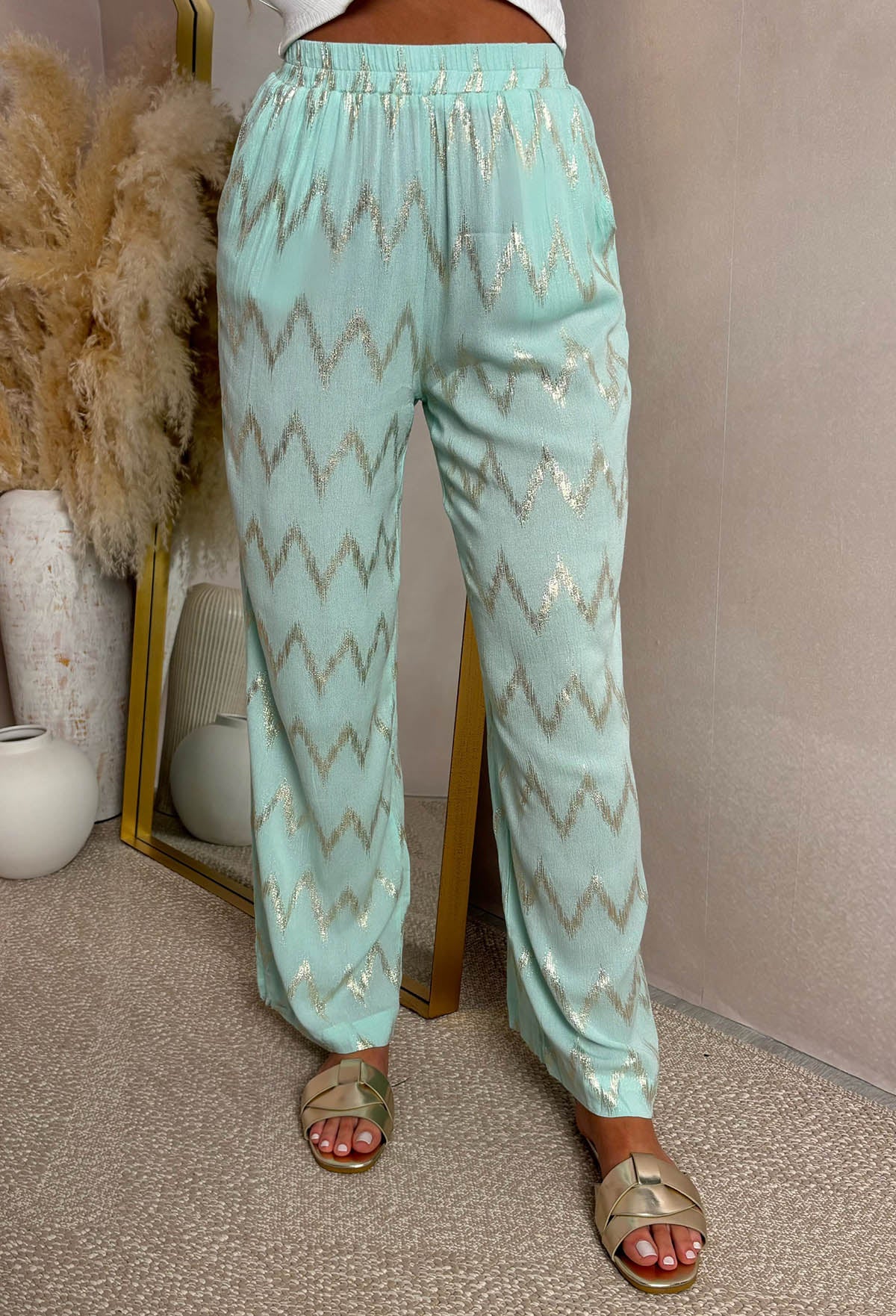 Flirt Factor Teal Gold Foil Zig Zag Straight Leg Stretch Trousers