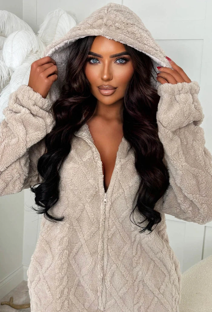 Flirt In Fleece Taupe Cable Knit Detail Onesie
