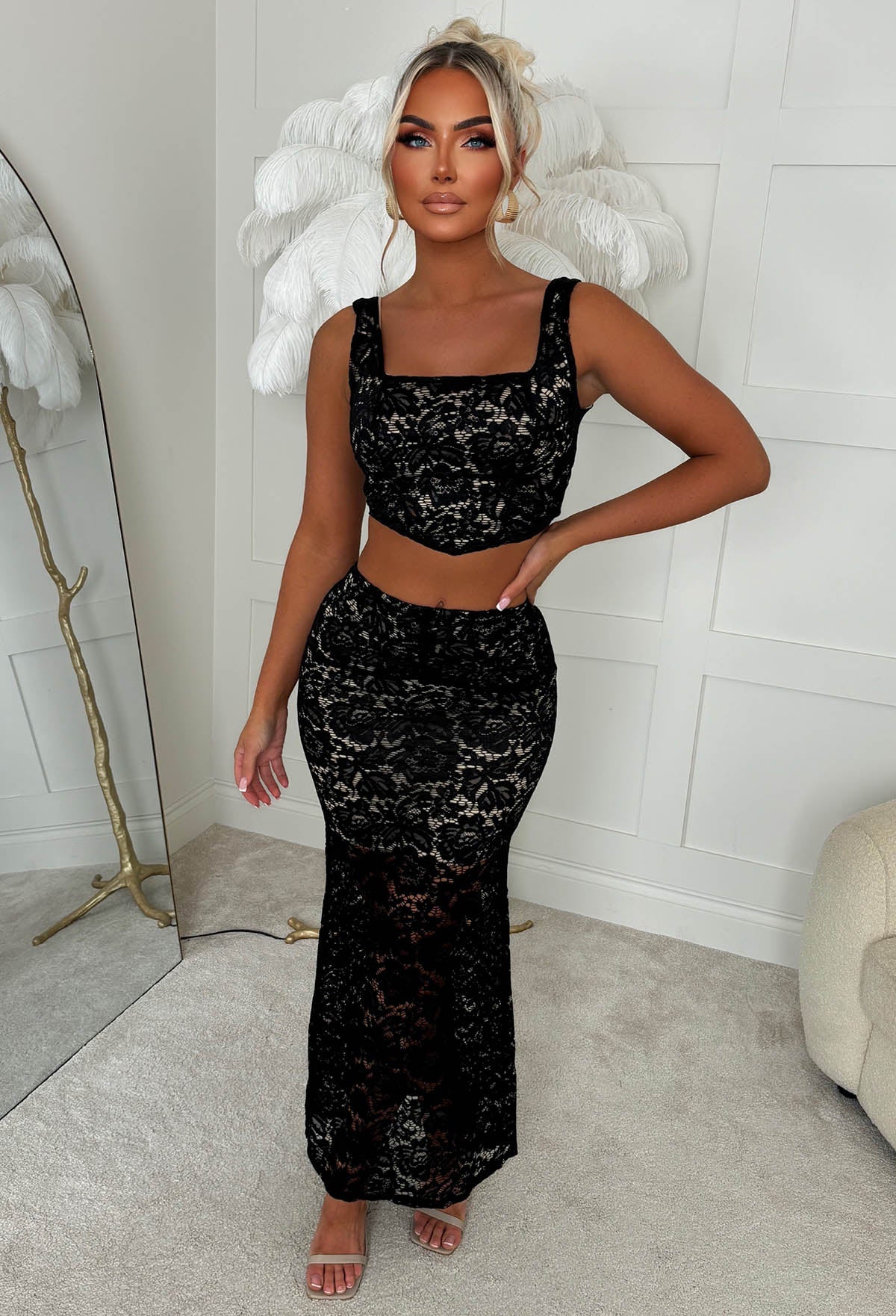 Flirtini Black Lace Ruched Midi Skirt